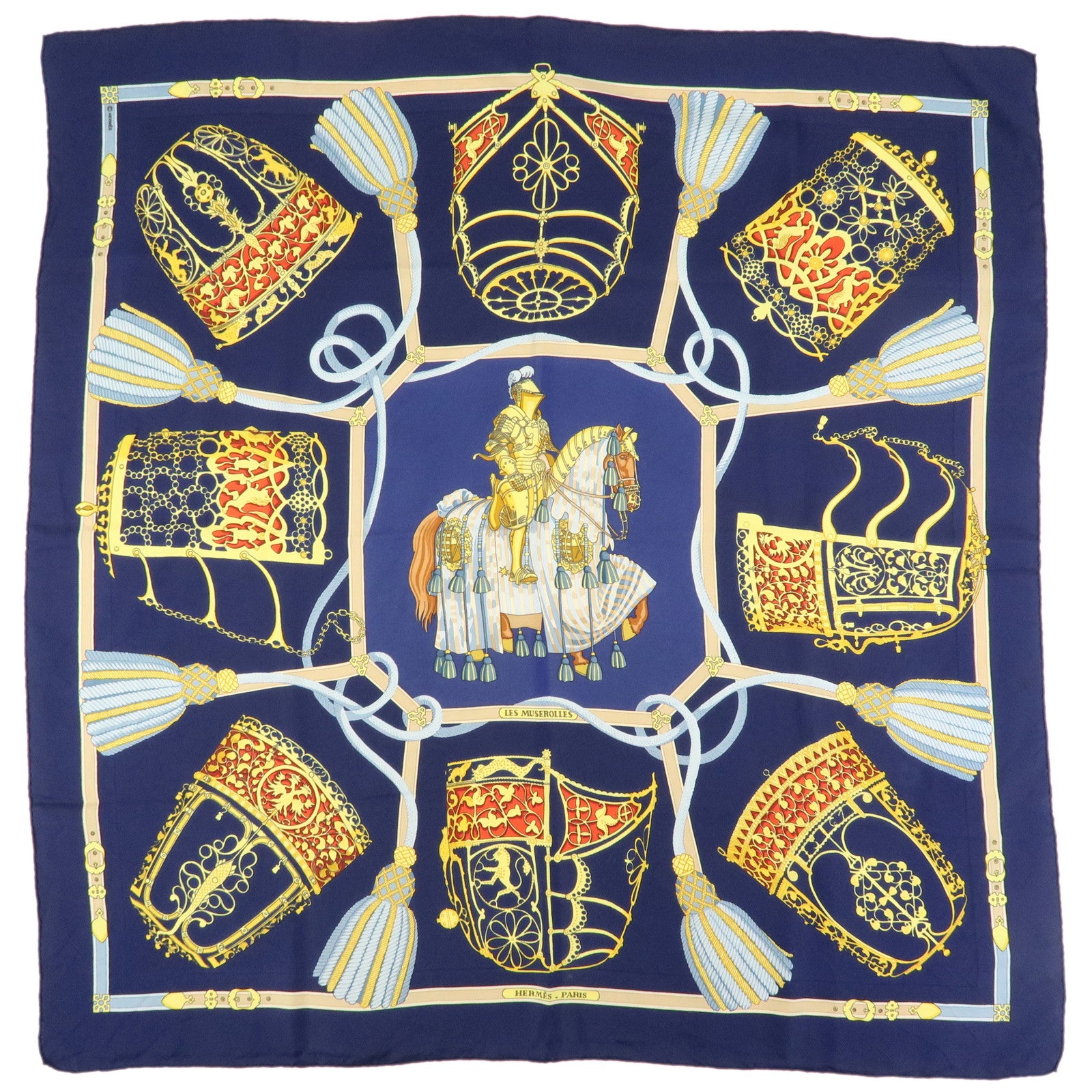 HERMES Carre 90 Silk 100% Scarf LES MUSEROLLES Navy Yellow