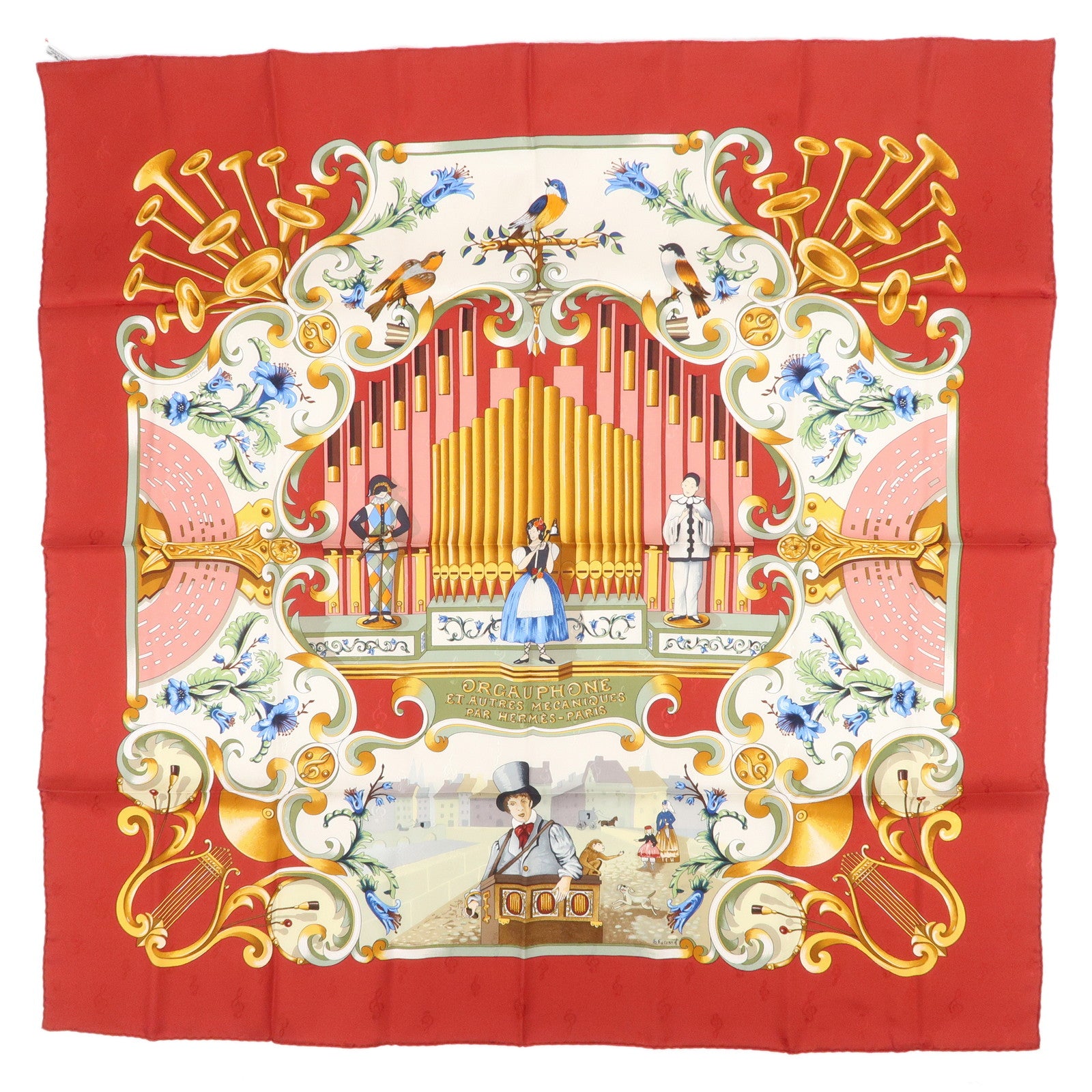 HERMES Carre 90 Silk 100% ORGAUPHONE ETAUTRES MECANIQUES Scarf Red