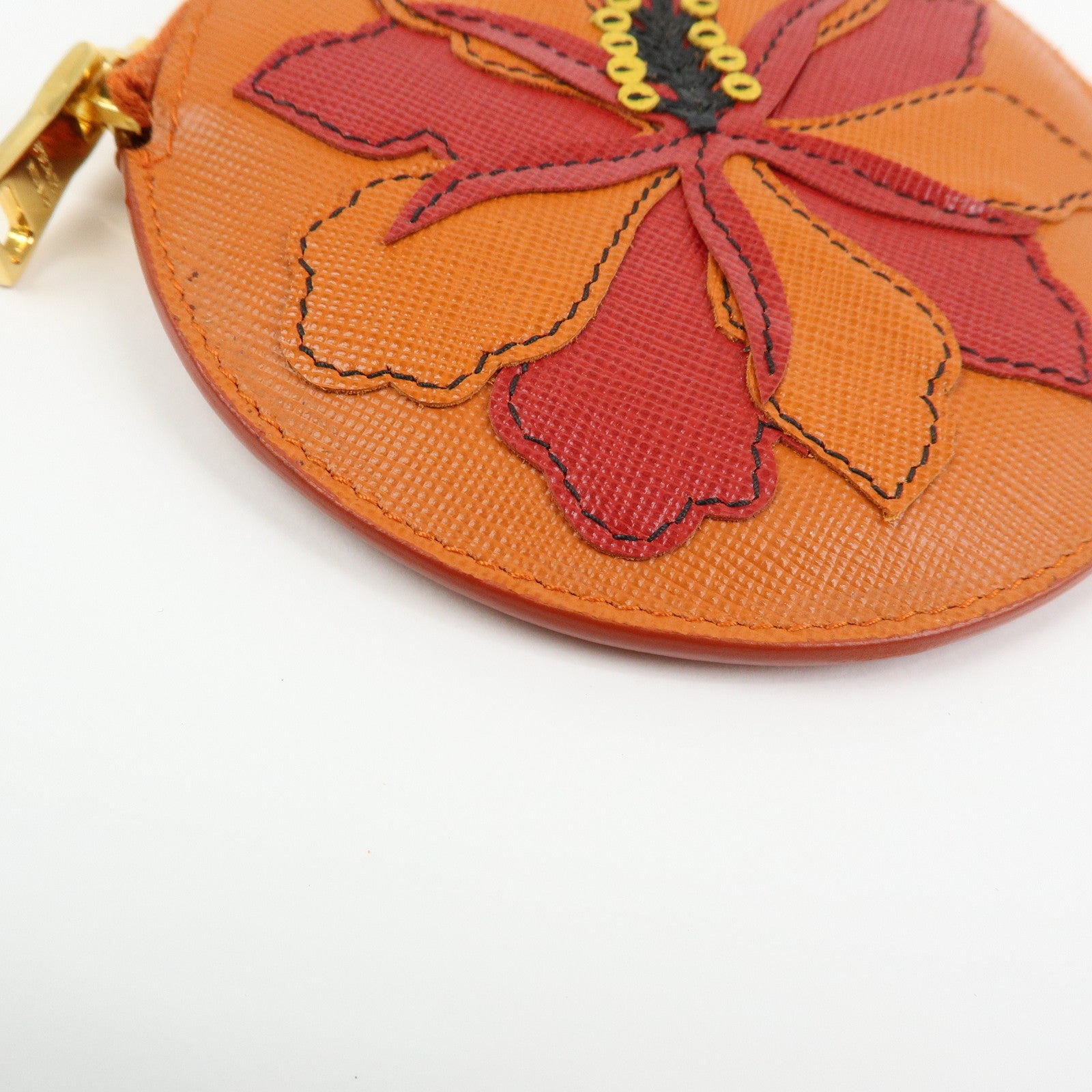 PRADA Saffiano Leather Flower Motif Round Coin Case Orange 1M1400