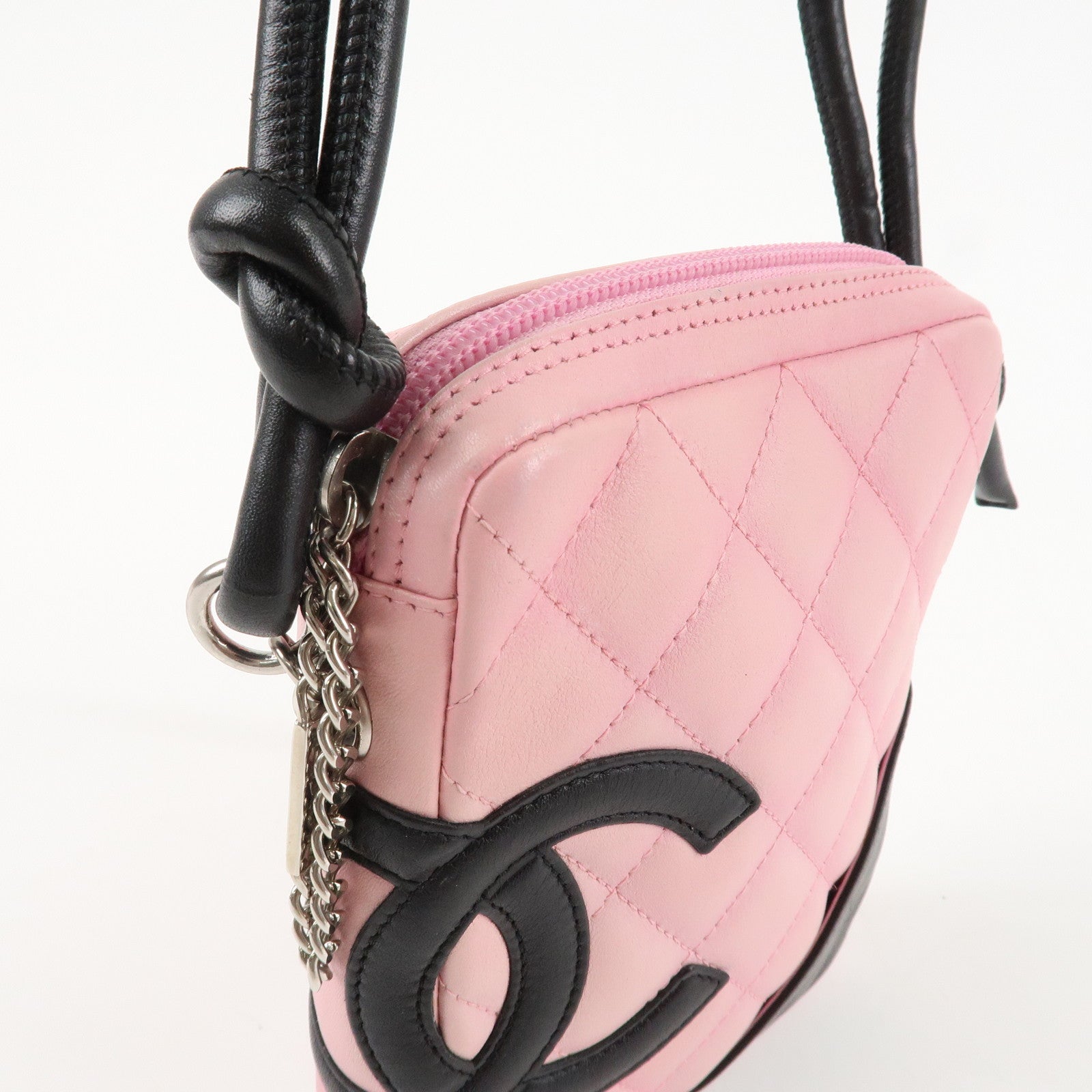 CHANEL Cambon Lamb Skin Small Pochette Shoulder Bag Pink Black A25177 Used