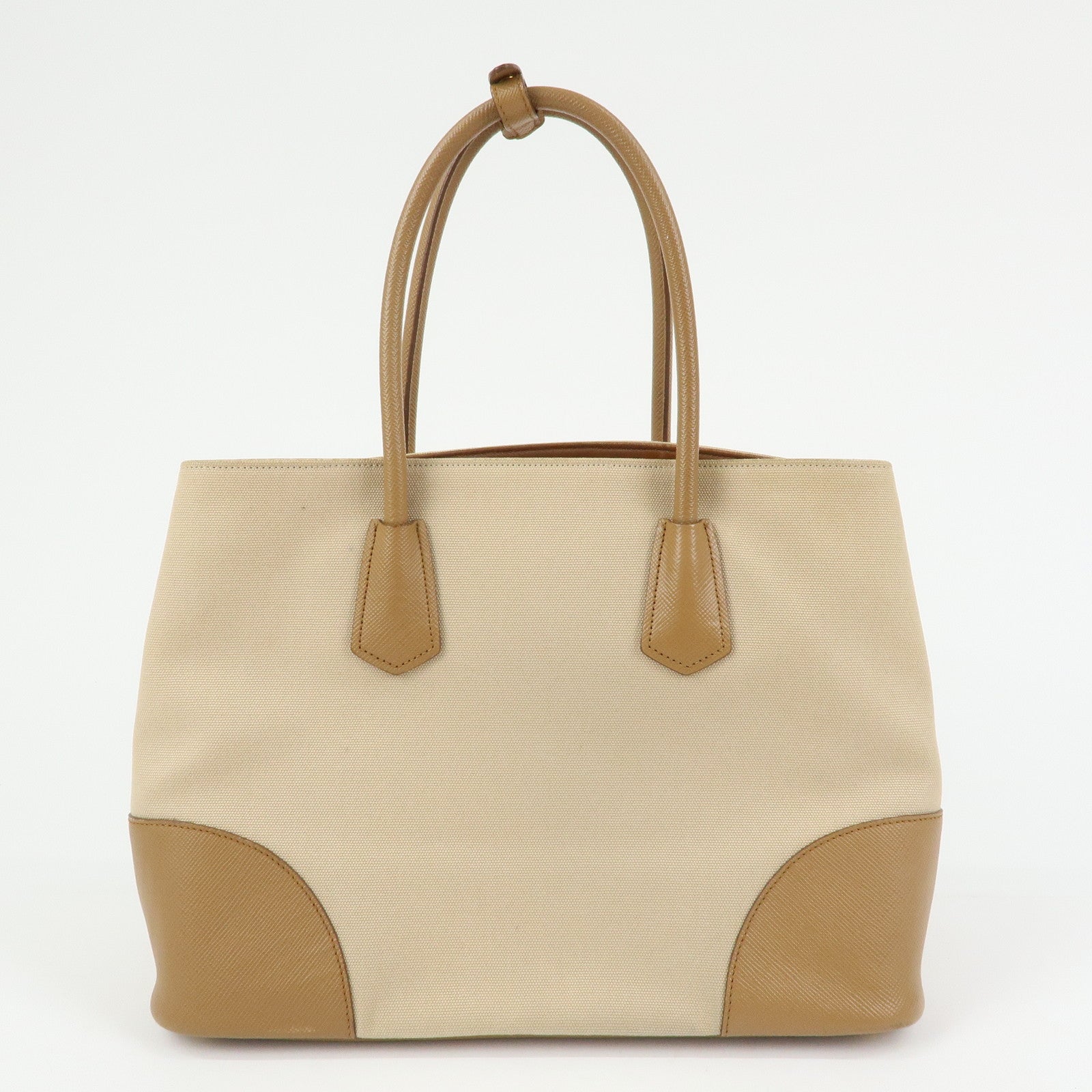 PRADA Triangle Logo Canvas Leather Tote Bag Beige Brown B2756T