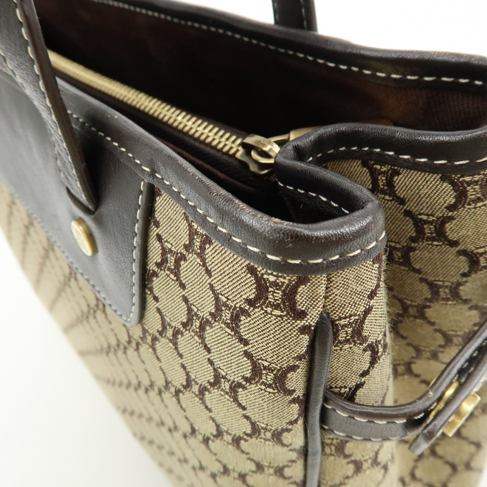 CELINE Macadam Canvas Leather Hand Bag Brown Beige