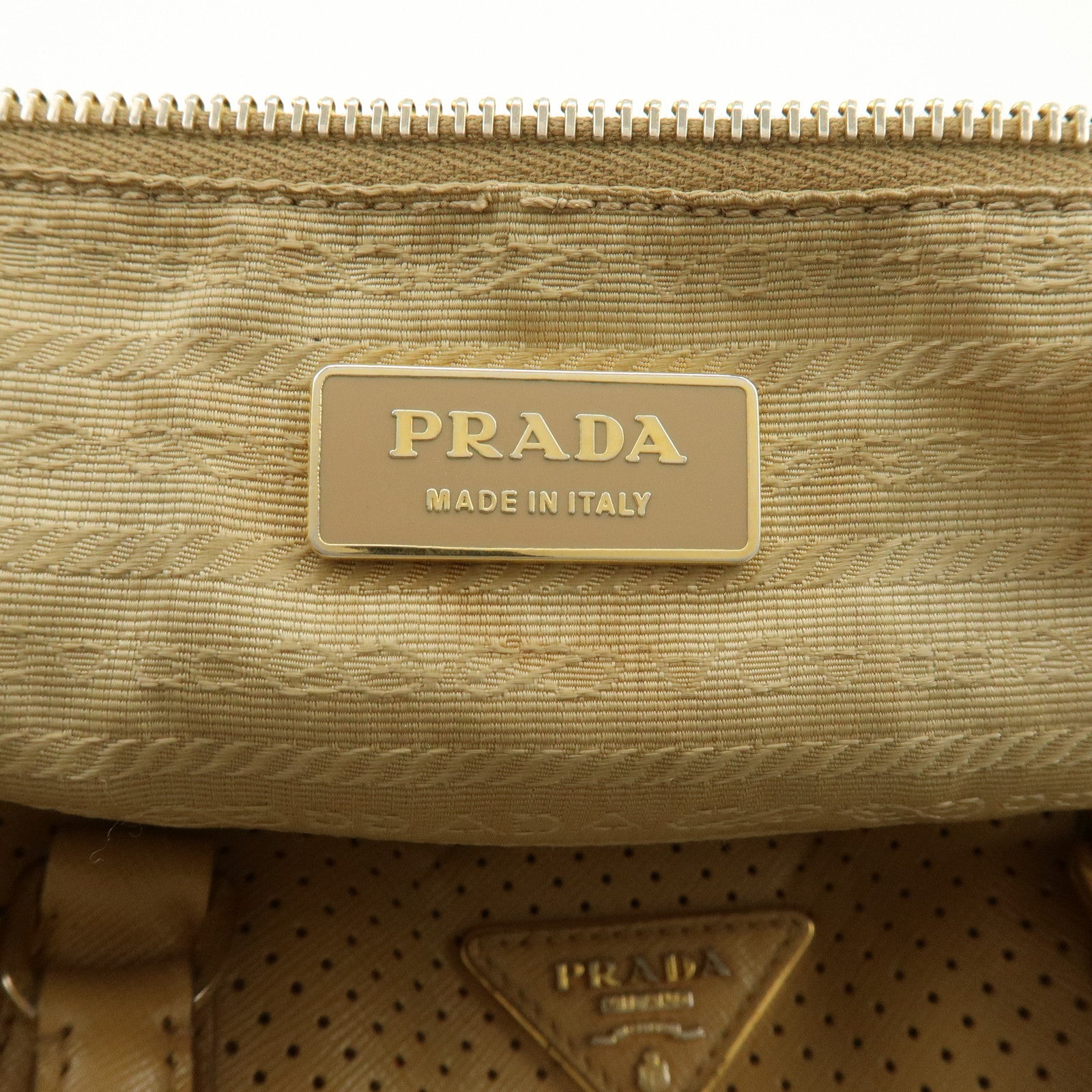 PRADA Triangle Logo Saffiano Leather Punched Boston Bag Beige