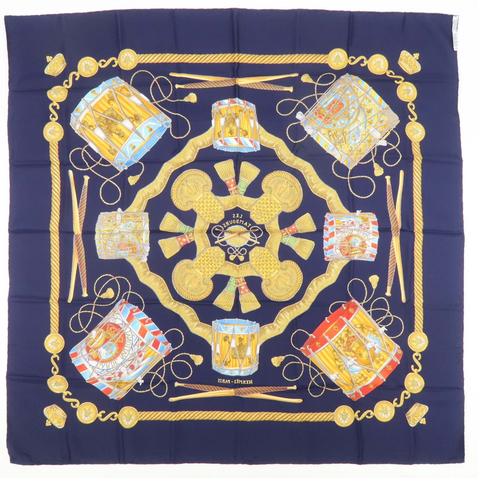 HERMES Carre 90 Silk 100% LES TAMBOURS Scarf Navy Gold
