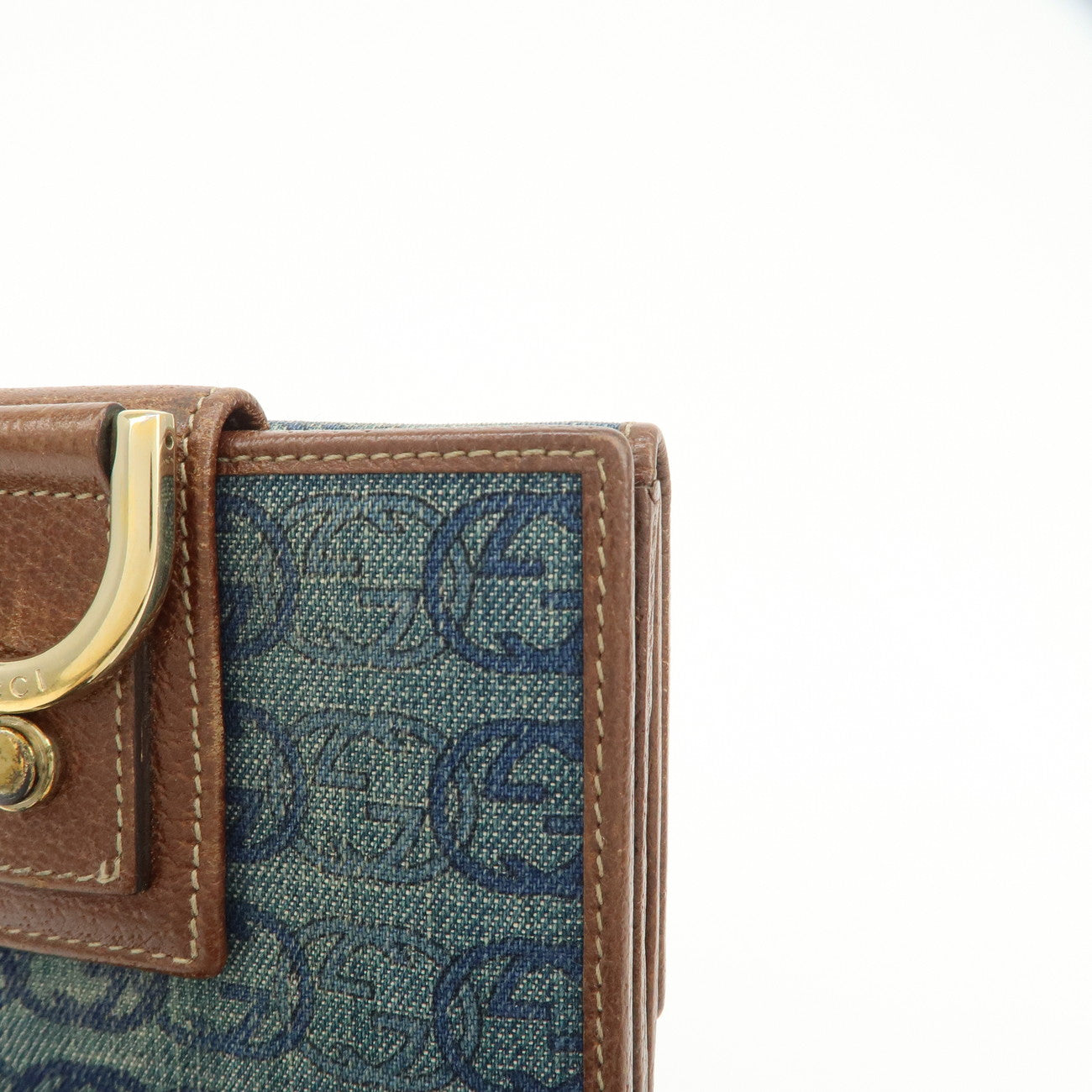 GUCCI Denim Leather Bi-Fold Compact Wallet Blue Brown