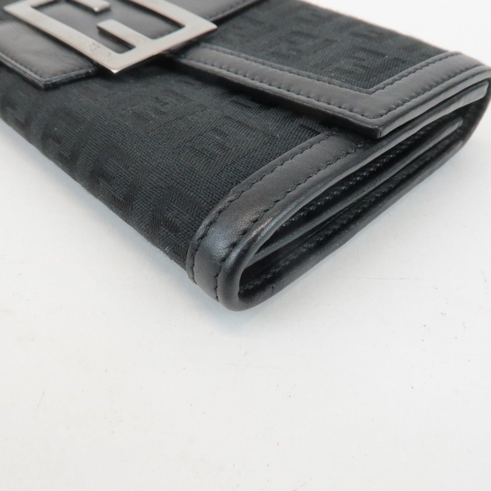 FENDI Zucchino Leather Canvas Bi-fold Long Wallet Black M0021 Used