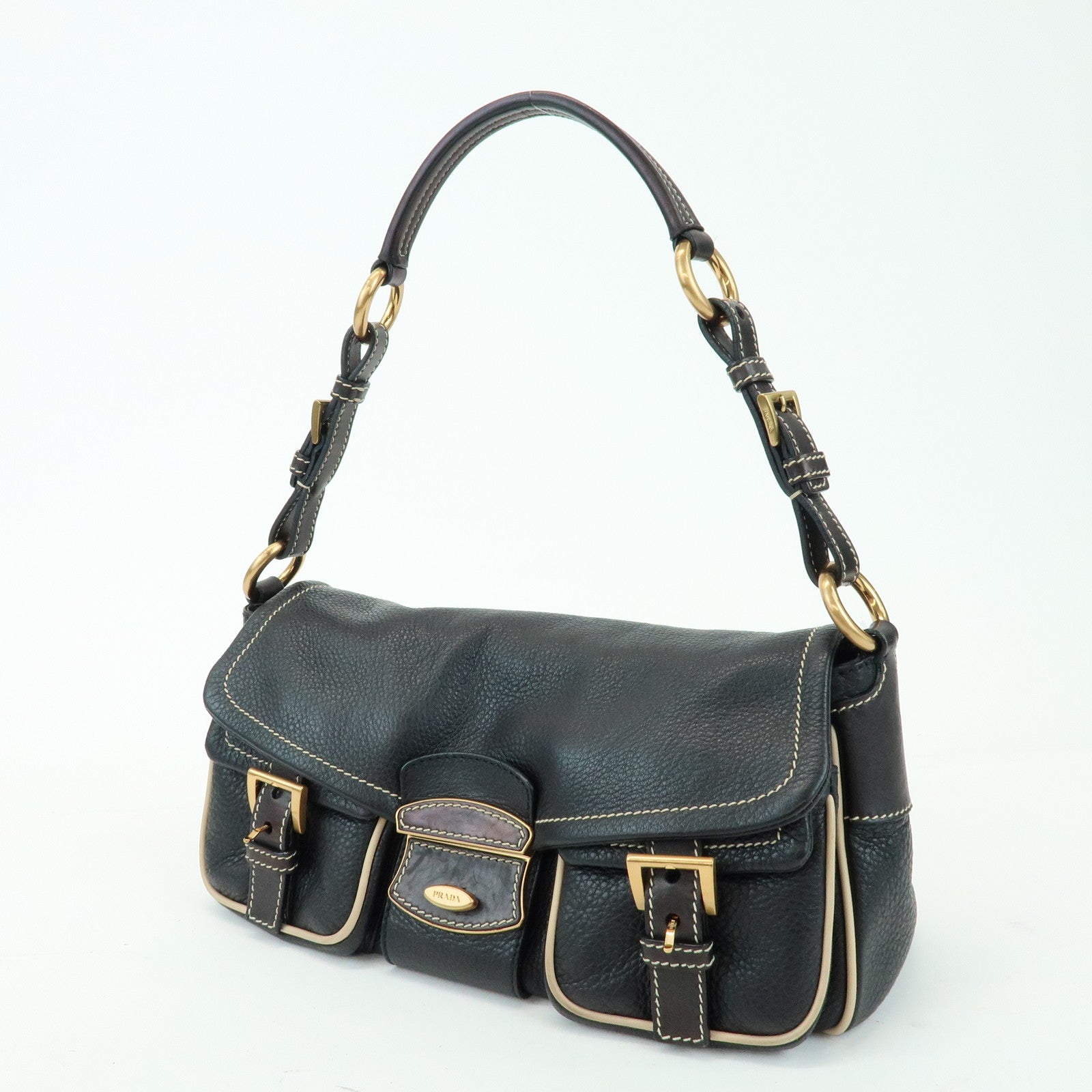 PRADA Logo Leather Stitch Shoulder Bag Hand Bag Black
