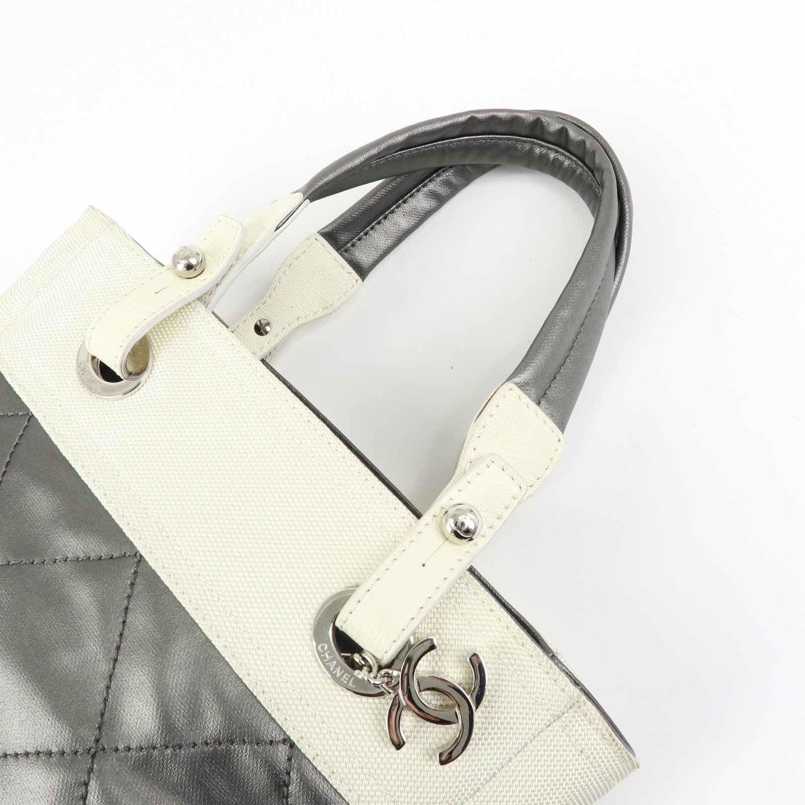 CHANEL Paris-Biarritz PVC Canvas Leather Tote Bag Gray Ivory A34208