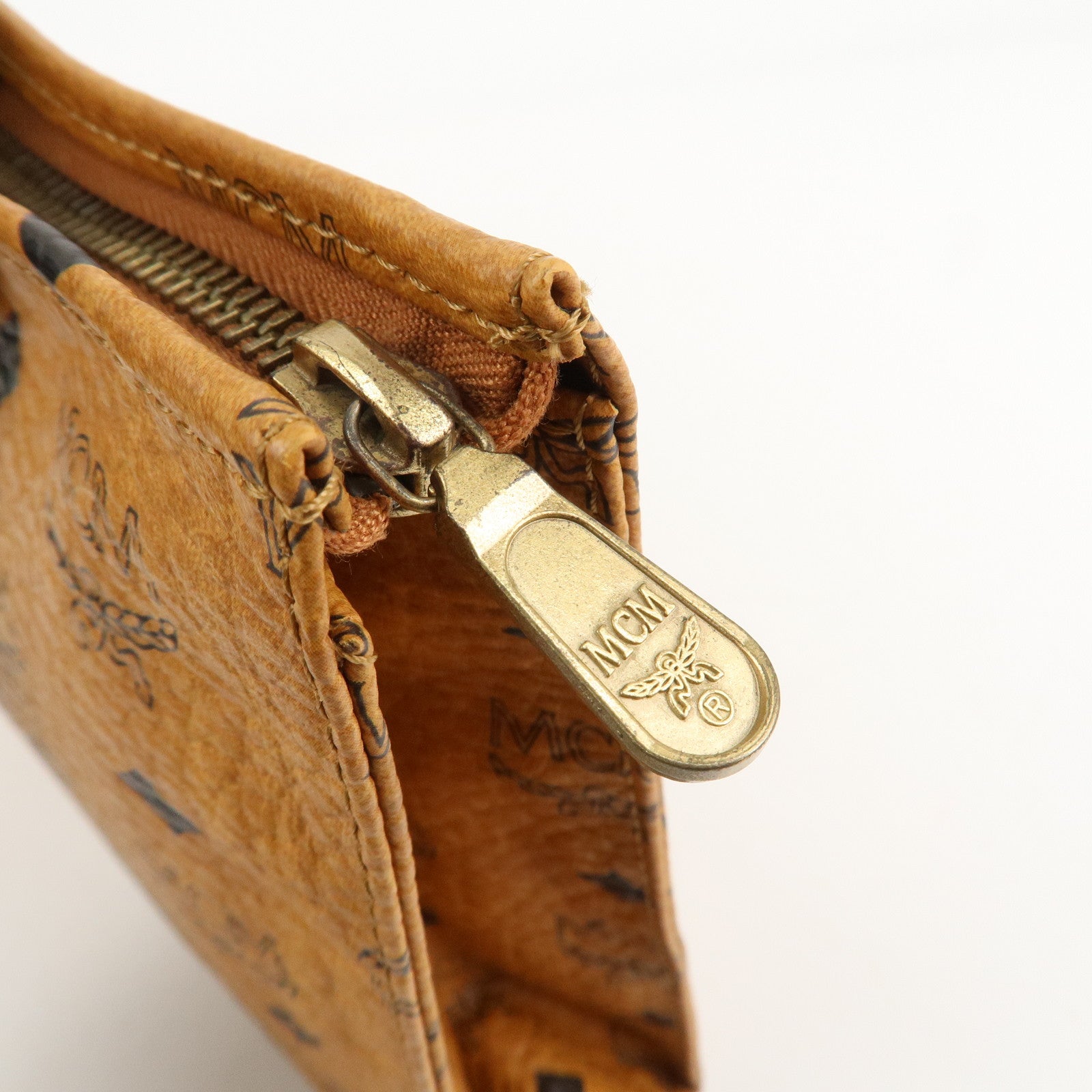 MCM Visetos Leather Clutch Bag Brown Gold Hardware