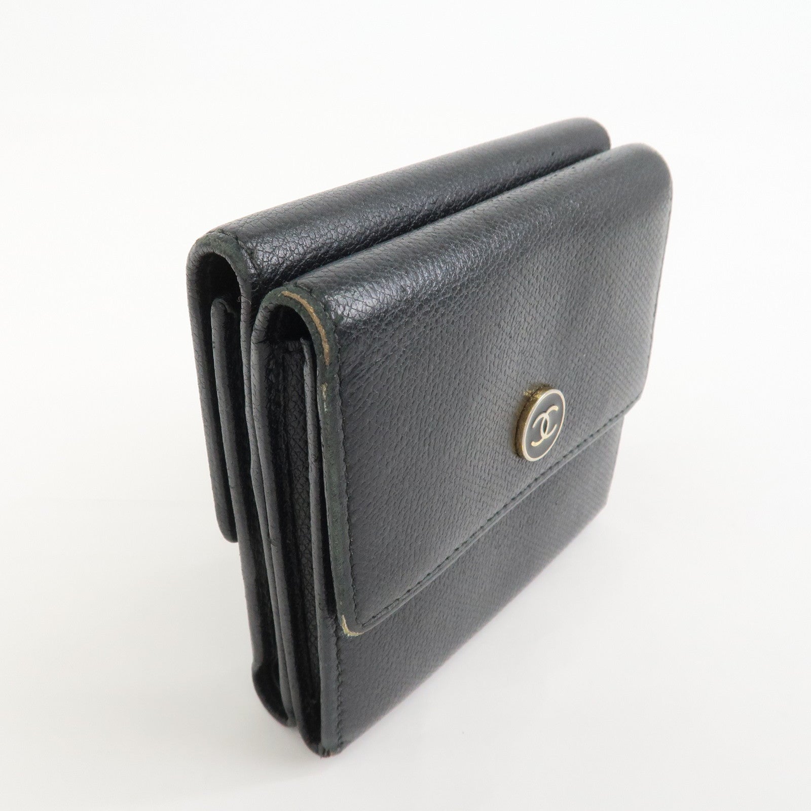 CHANEL COCO Button Leather W Hook Compact Wallet Black A20902