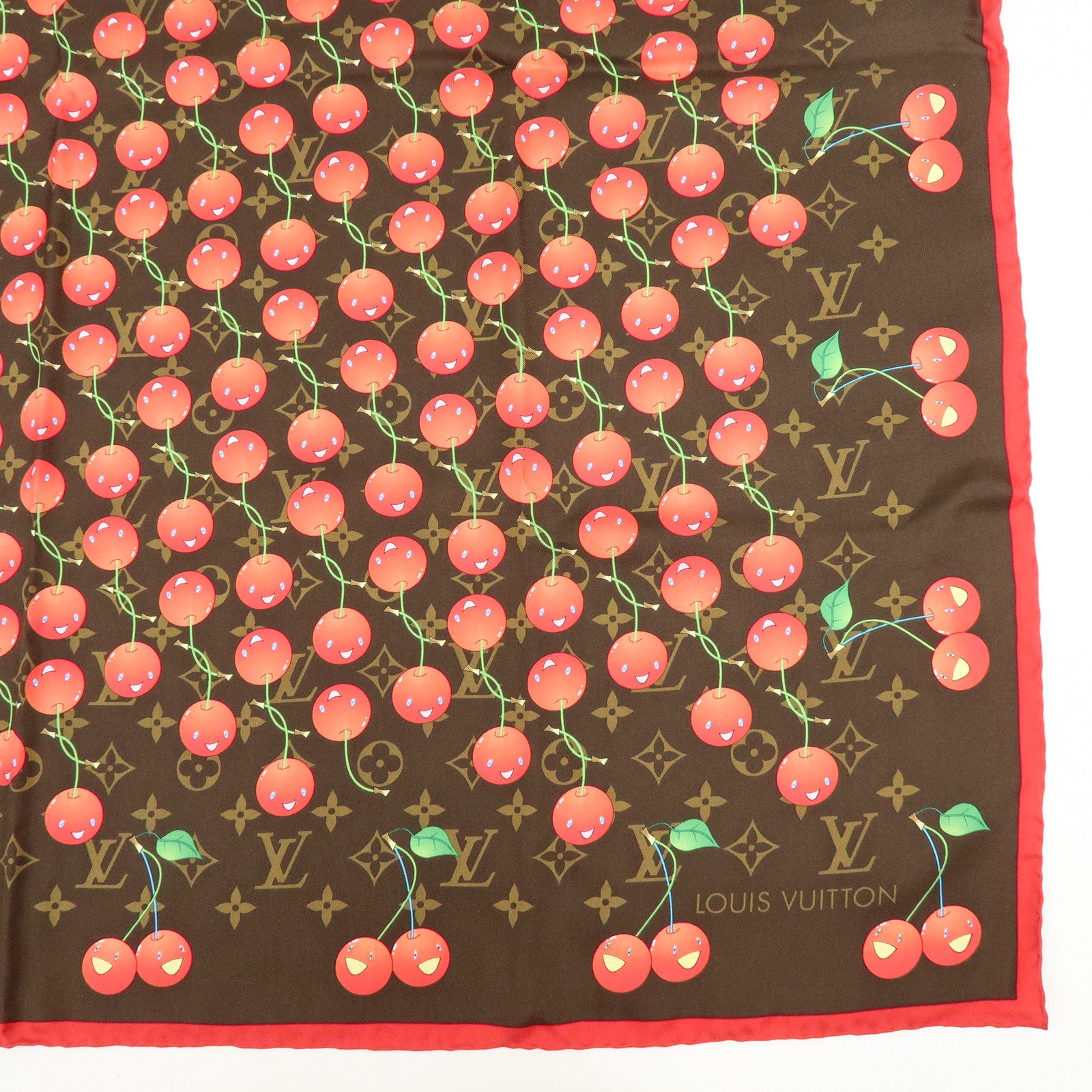 Louis Vuitton Monogram Cherry Silk 100% Scarf Brown Red M71962