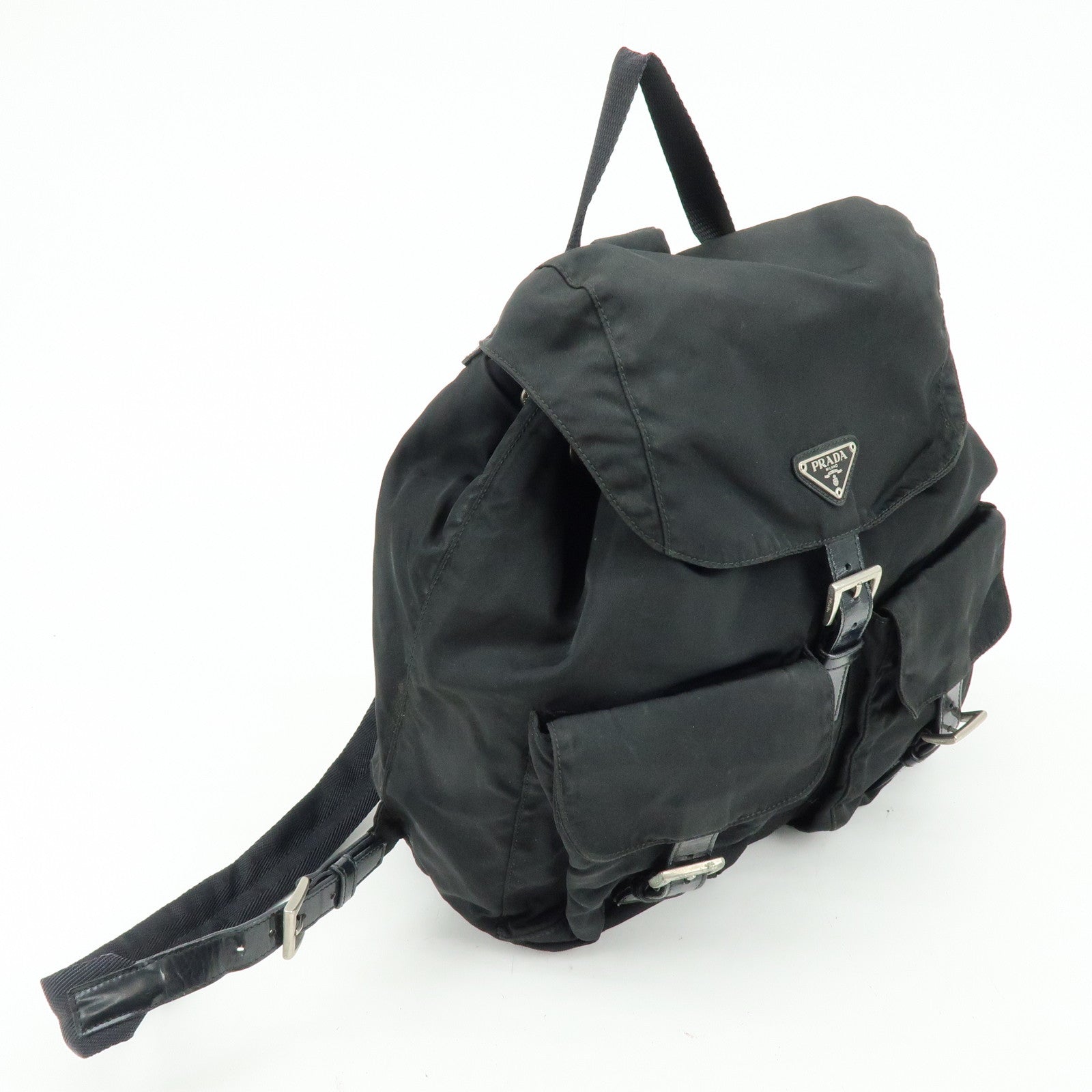 PRADA Triangle Logo Nylon Leather Backpack Rucksuck Black