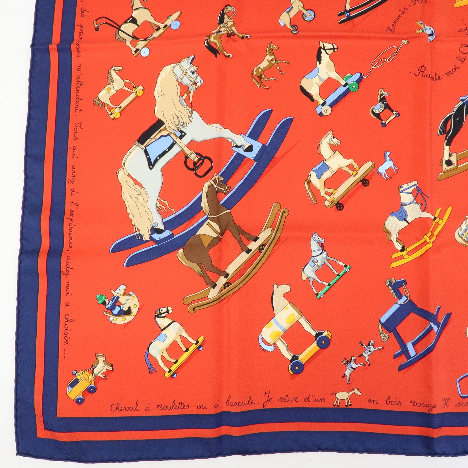 HERMES Carre 90 Silk 100% Scarf Raconte moi le cheval Red Navy