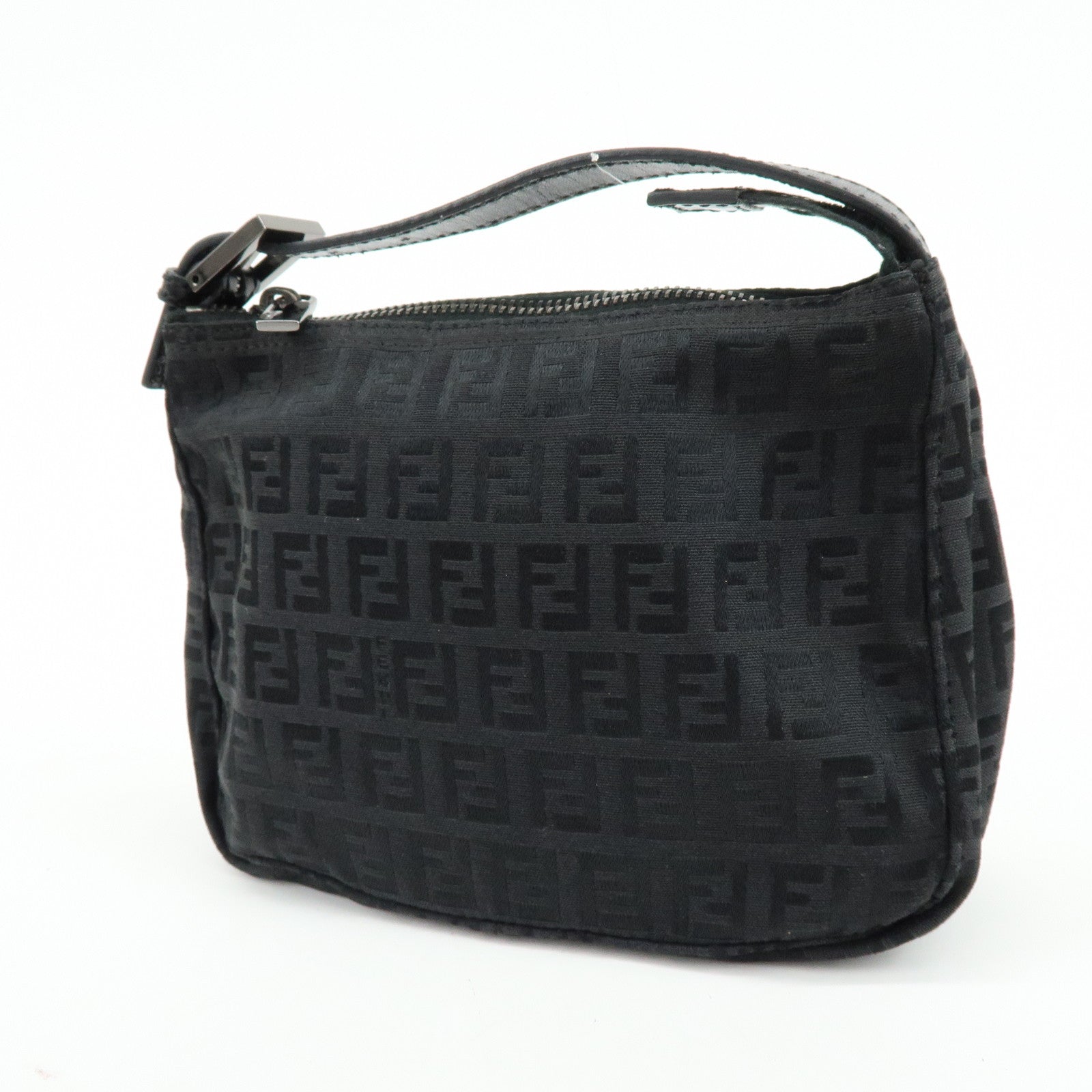 FENDI Zucchino Canvas Leather Hand Bag Pouch Black 8N0001
