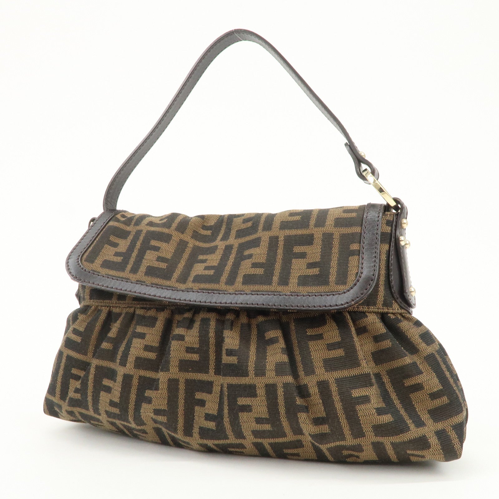 FENDI Zucca Canvas Leather Shoulder Bag Hand Bag Brown 8BR445