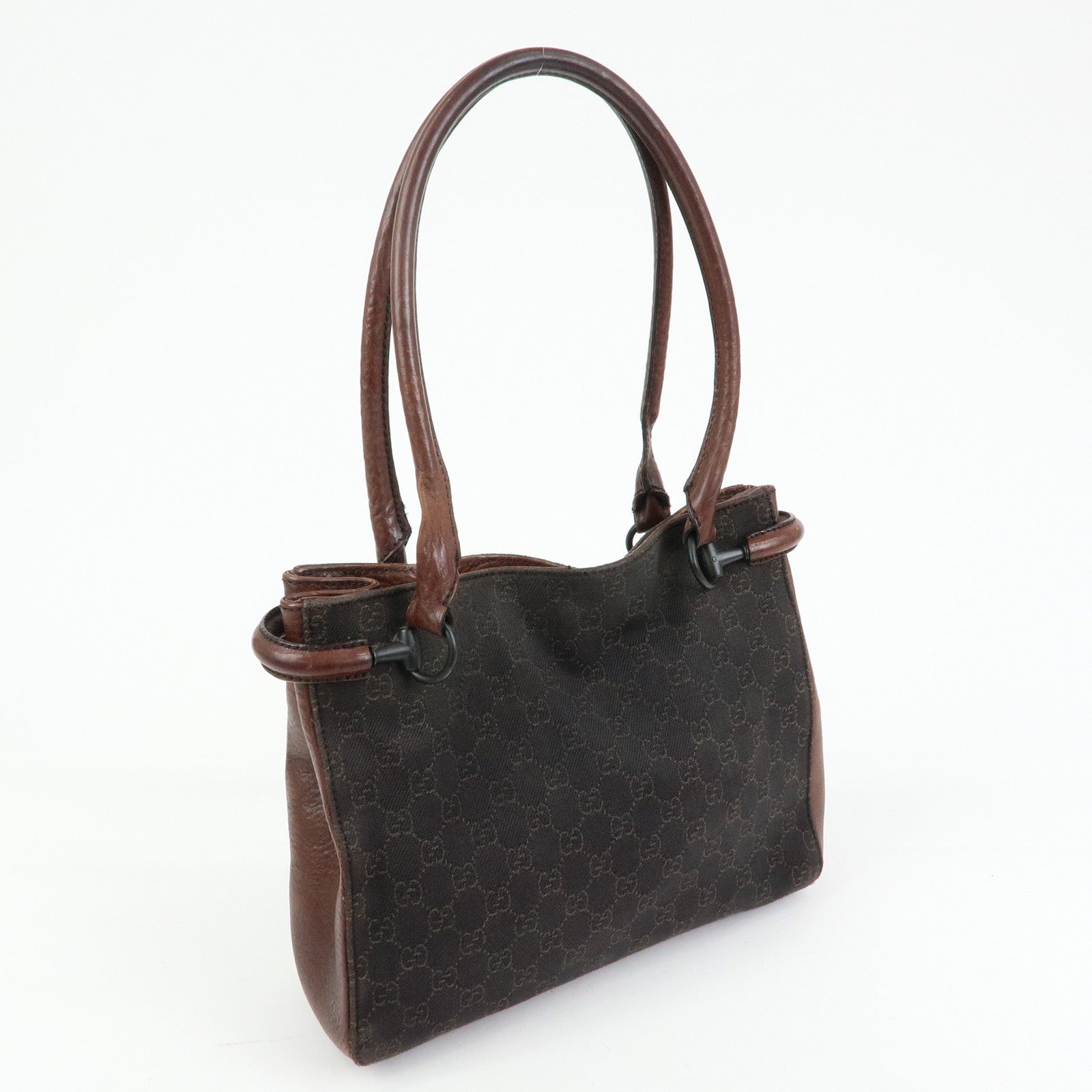 GUCCI GG Denim Leather Tote Bag Shoulder Bag Dark Brown 101971