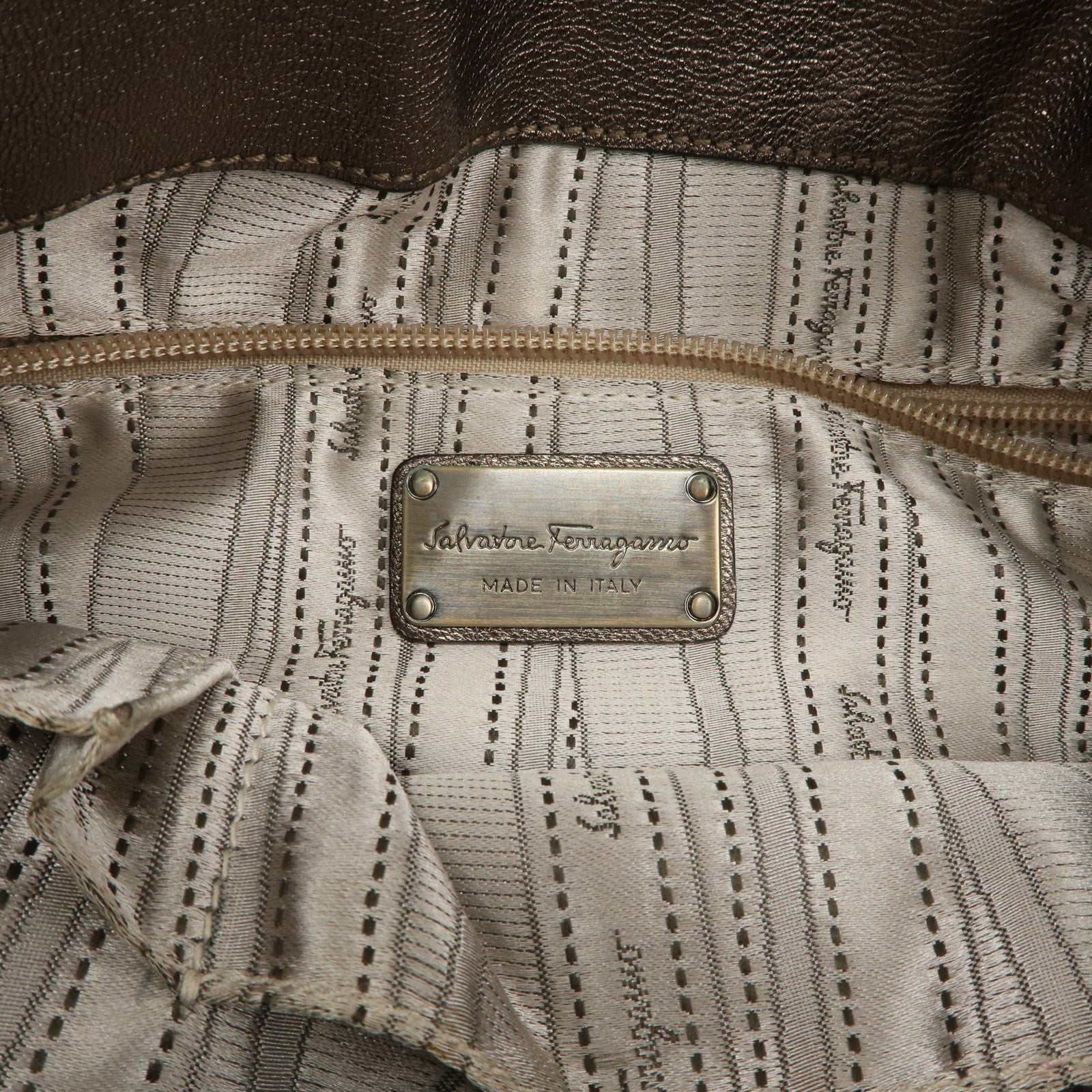 Ferragamo Gancini Leather Shoulder Bag Hand Bag Metallic Gray