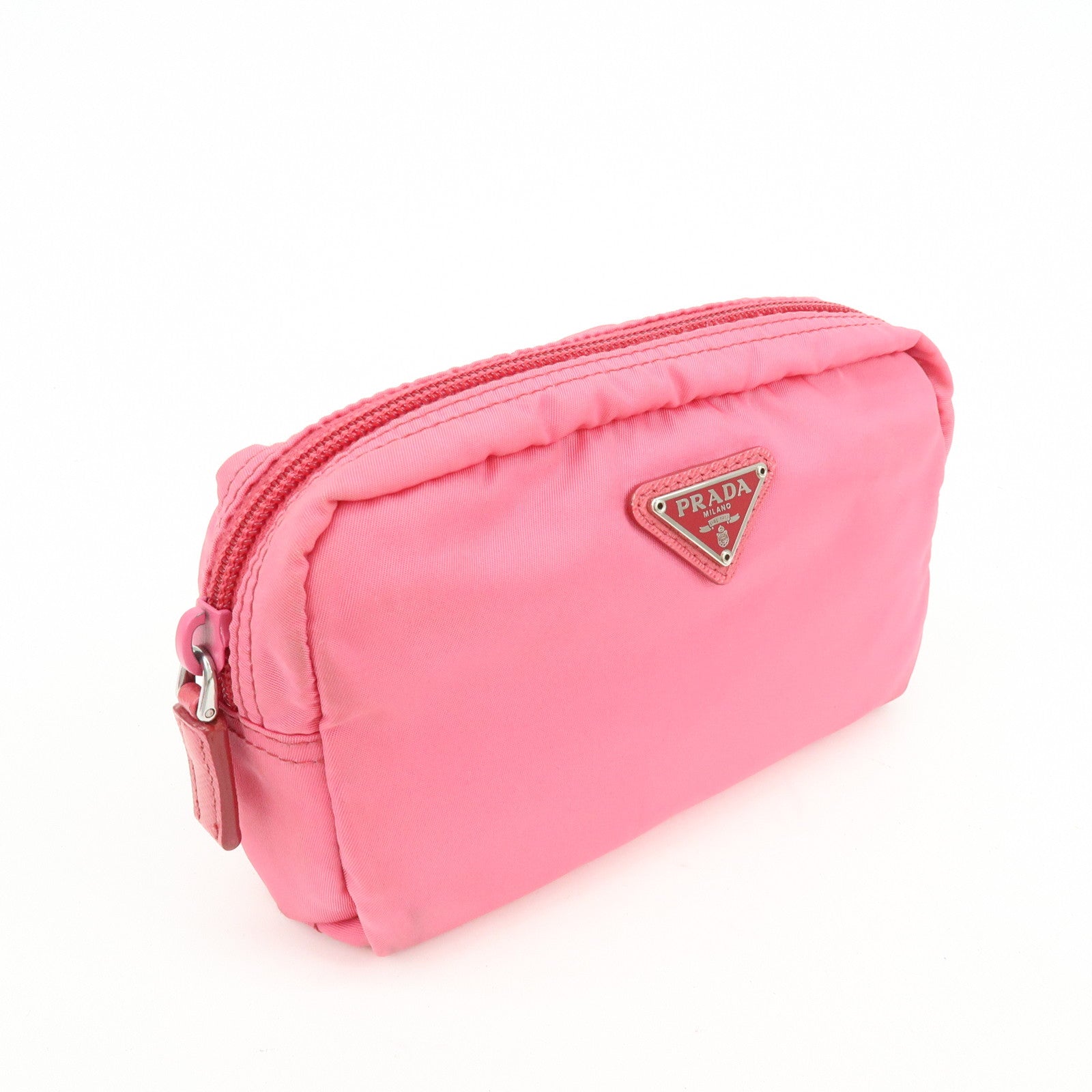 PRADA Triangle Logo Nylon Leather Cosmetic Pouch Pink 1NA021