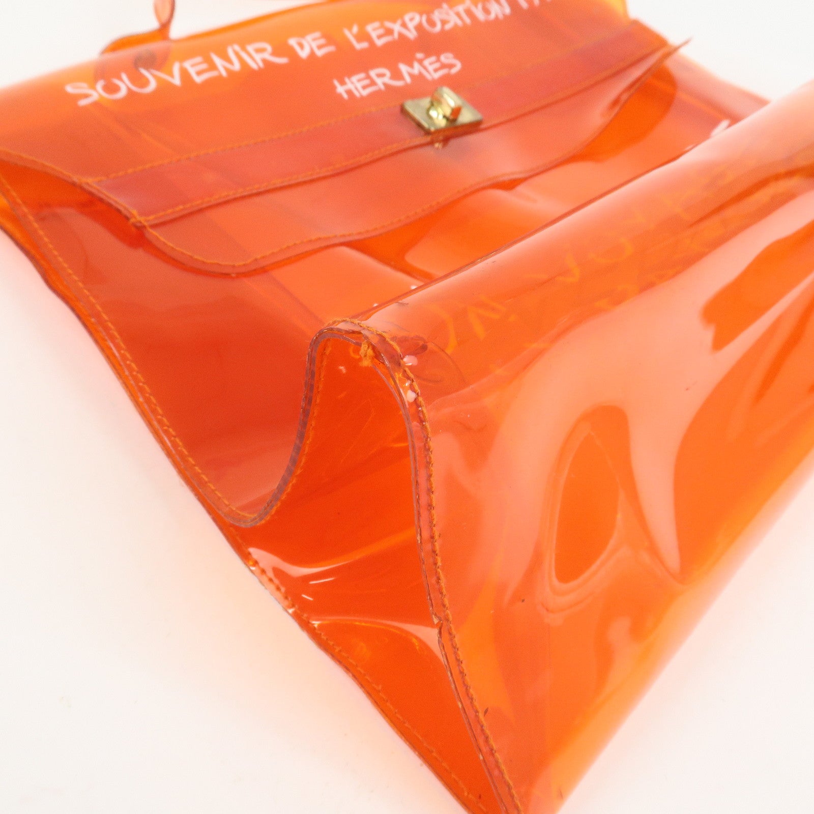 HERMES Kelly Vinyl Hand Bag Clear Transparent Orange