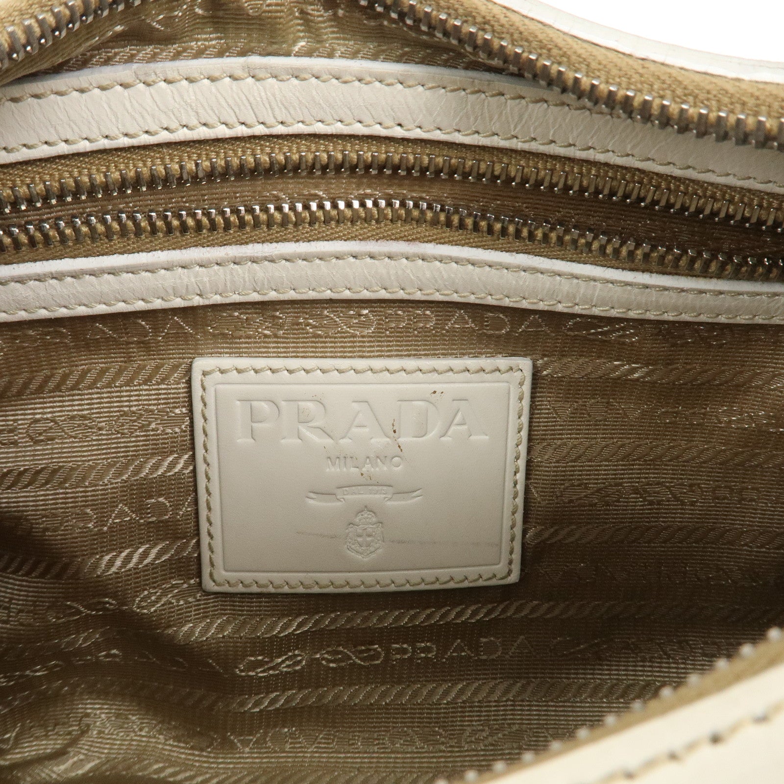 PRADA Logo Canvas Leather Shoulder Bag Hand Bag Beige White BR3429