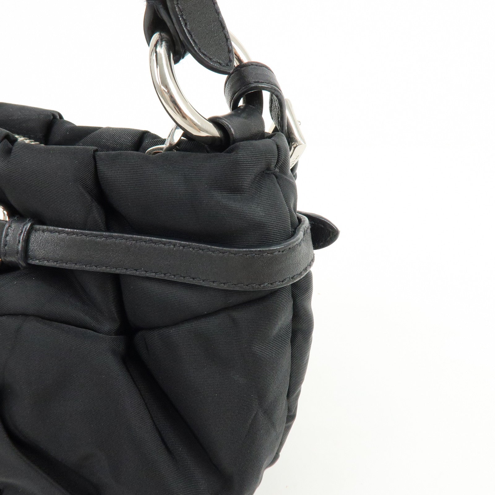 PRADA Logo Nylon Puffy Leather Shoulder Bag Hand Bag Black Silver
