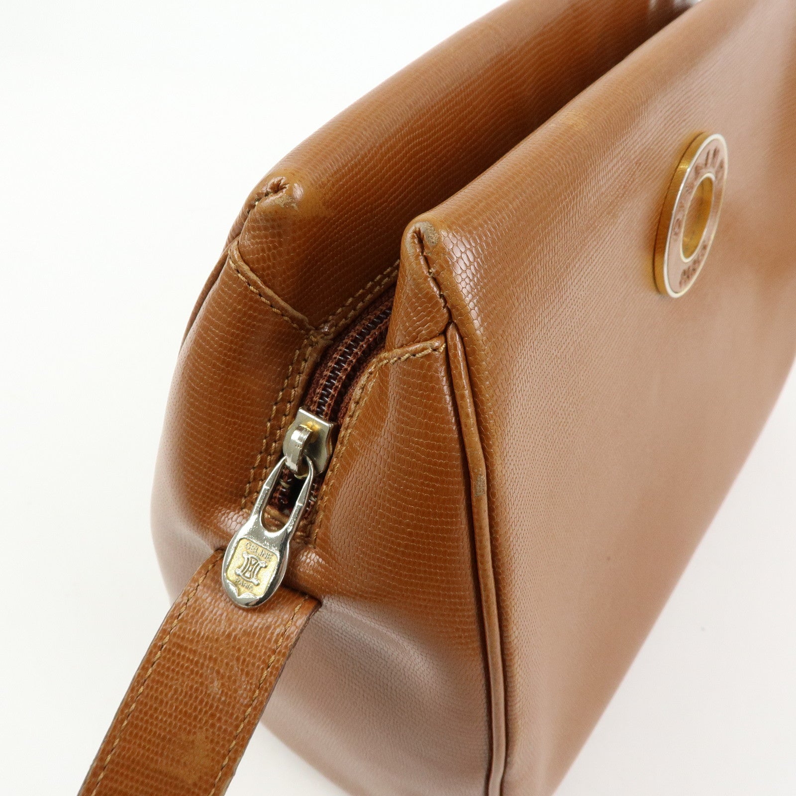 CELINE Ring Logo Leather Shoulder Bag Crossbody Bag Camel