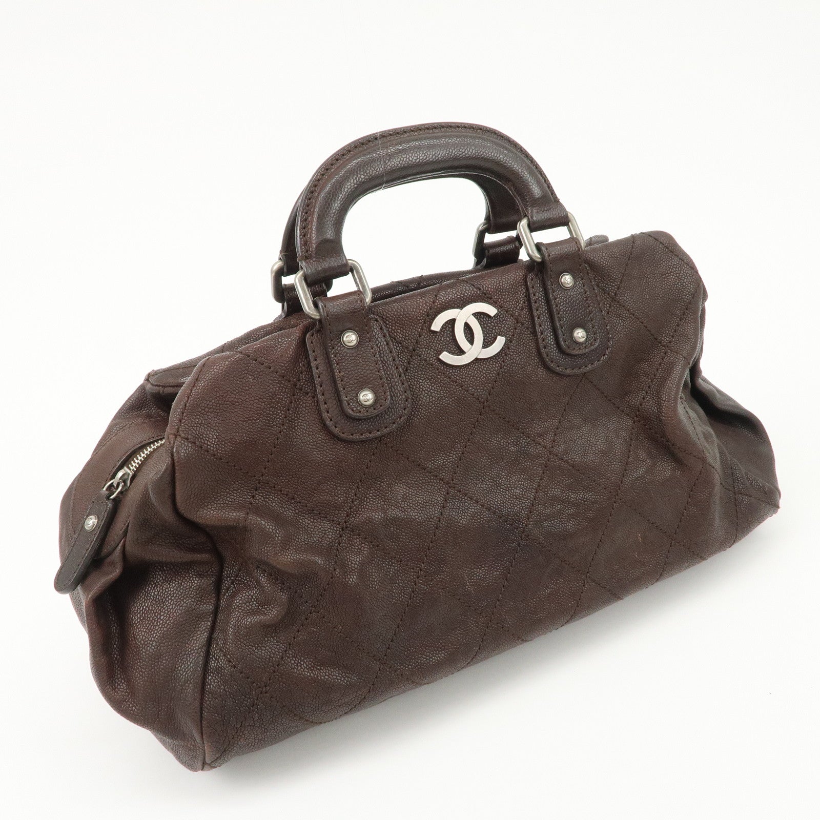 CHANEL COCO Mark Matelasse Caviar Skin Boston Bag Brown Gold HDW Used