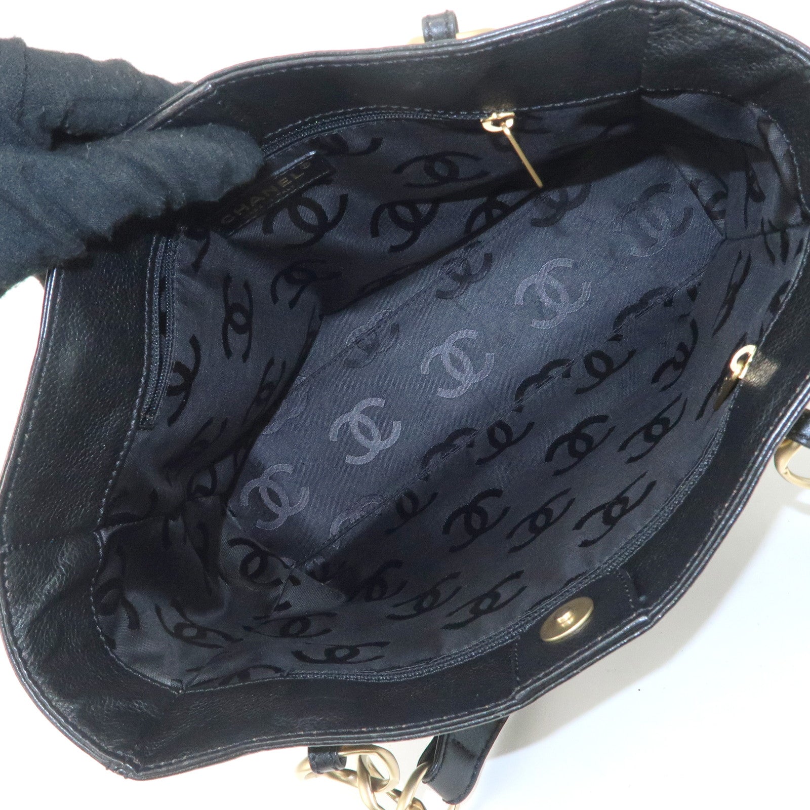 CHANEL COCO Mark Chain Tote Bag Shoulder Bag Black Gold Used