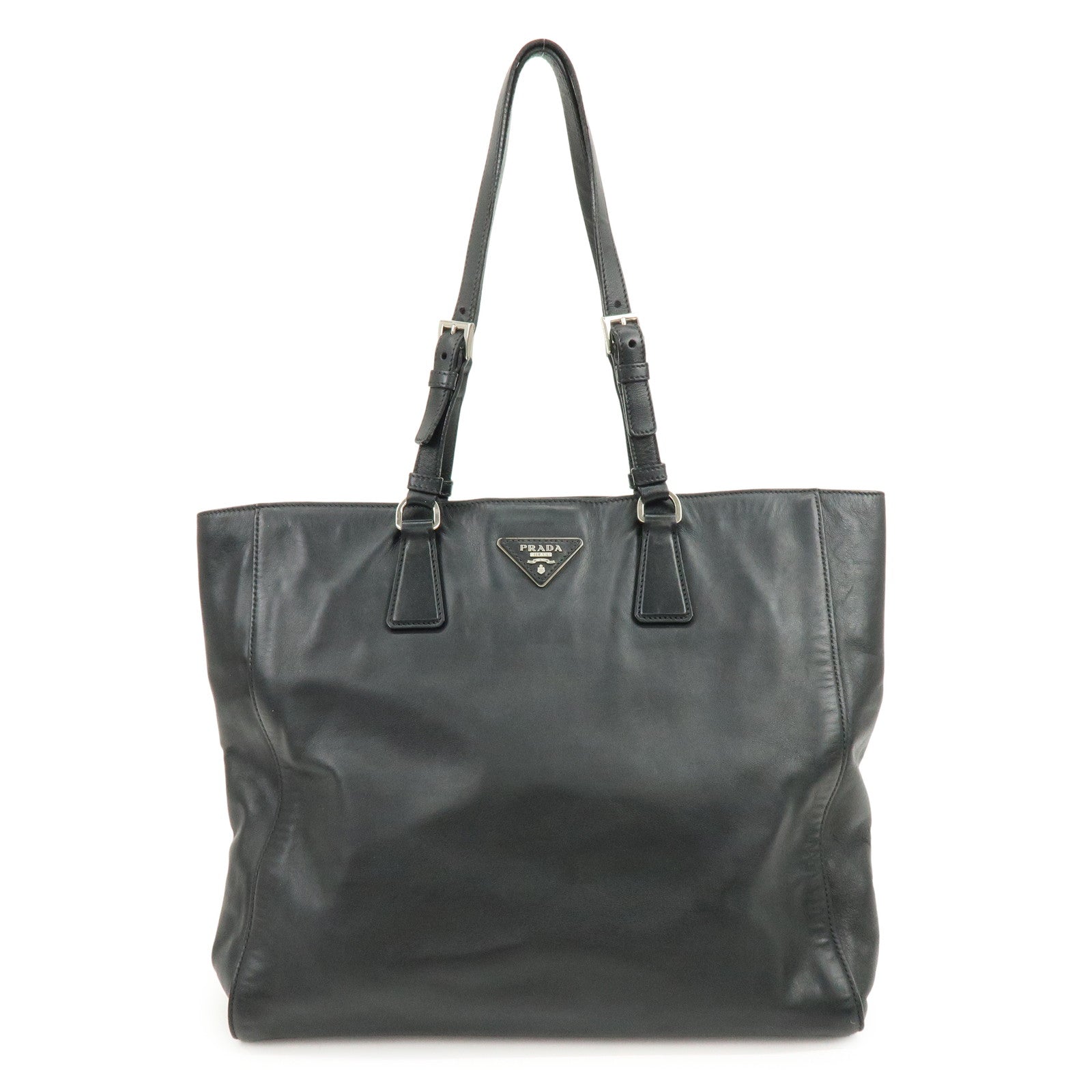 PRADA Triangle Logo Leather Tote Bag Shoulder Bag Black BR5033