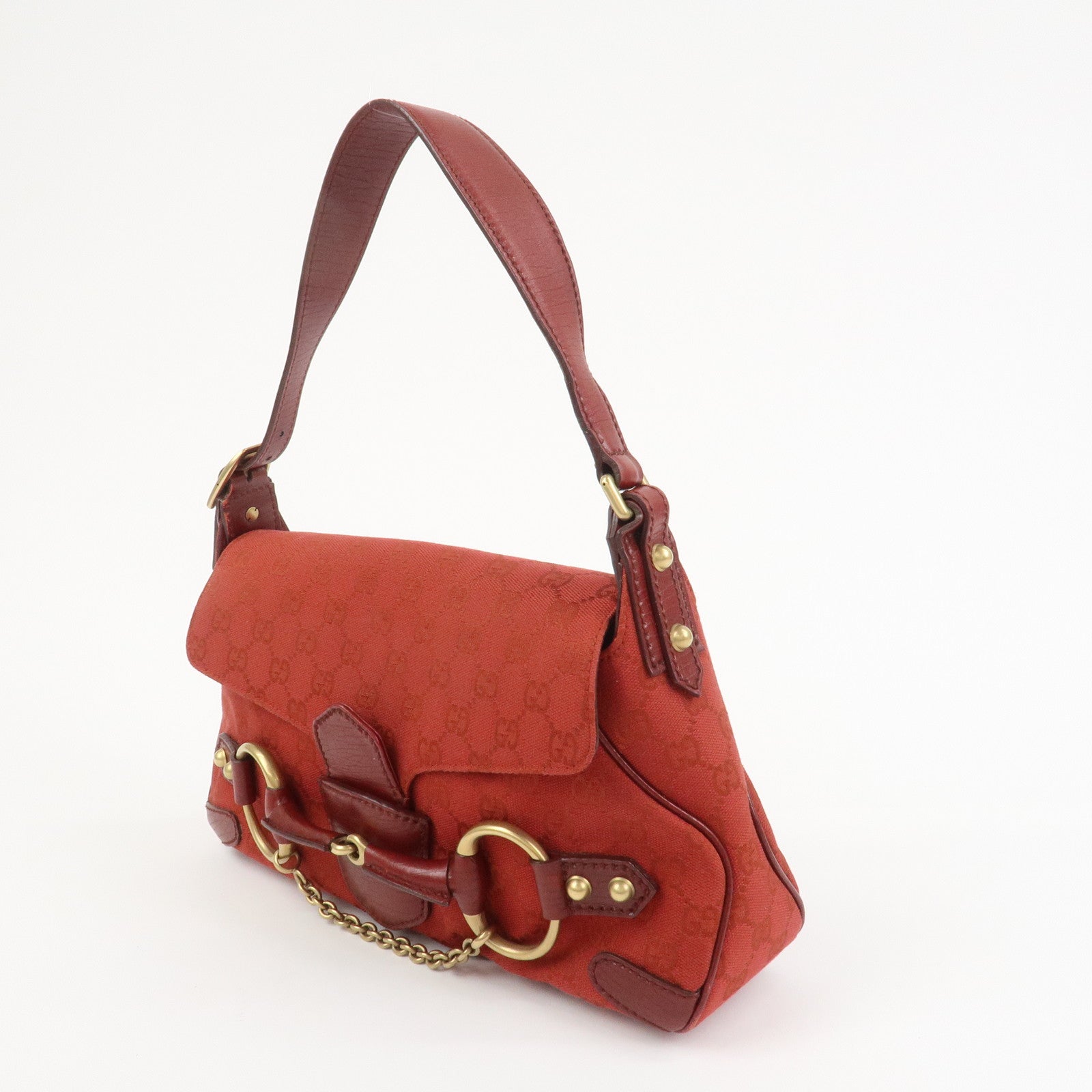 GUCCI Horsebit GG Monogram Canvas Leather Hand Bag Red