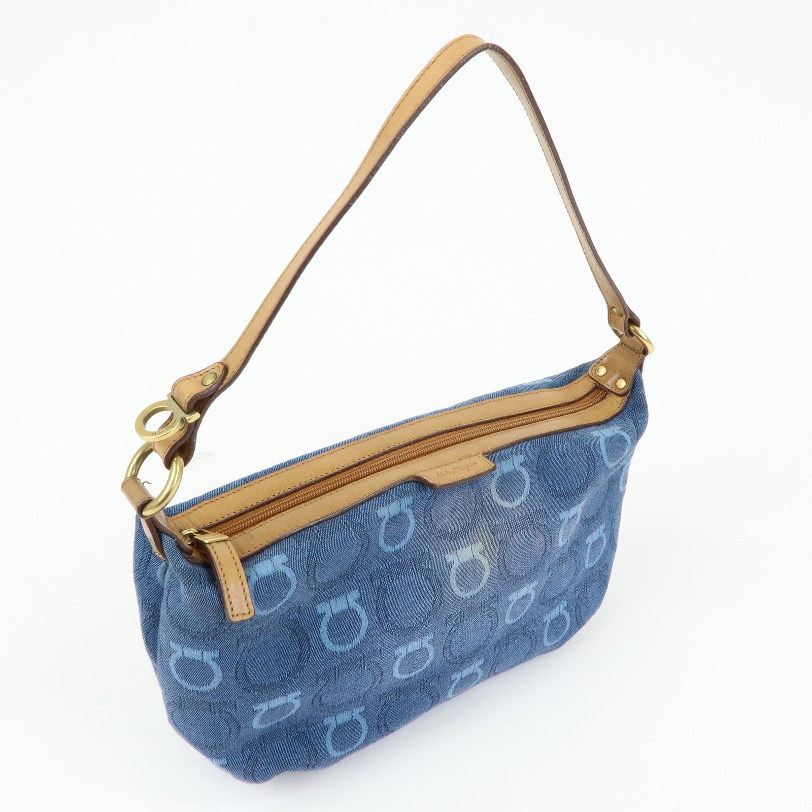 Ferragamo Gancini Canvas Leather Hand Bag Shoulder Bag Blue