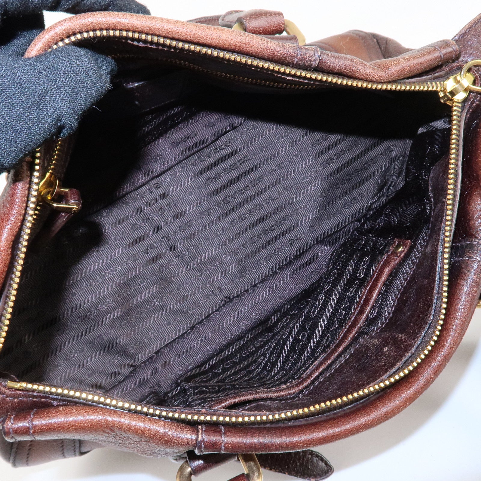 PRADA Logo Leather 2WAY Tote Bag Hand Bag Brown Gold Hardware Used