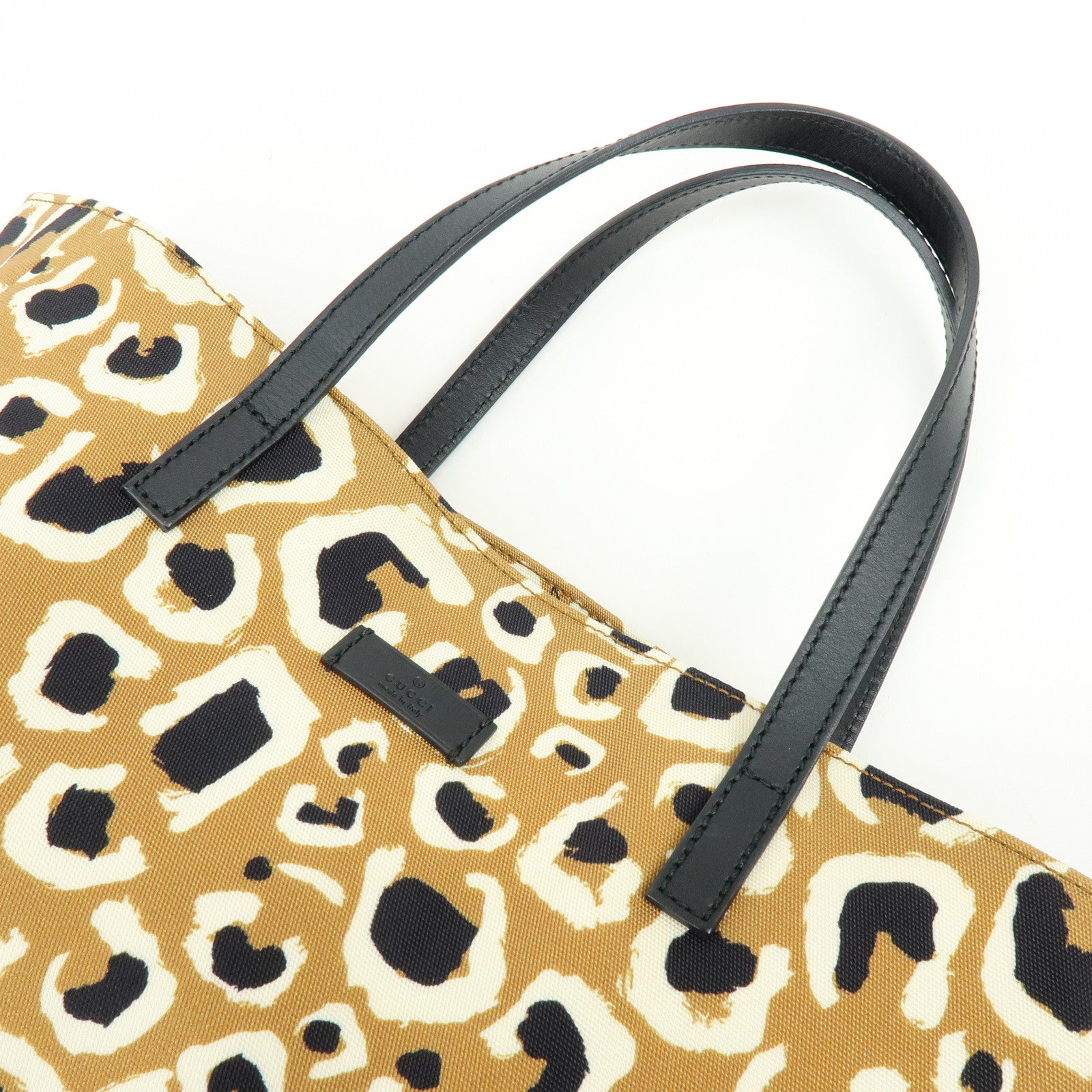 GUCCI Leopard Canvas Leather Tote Bag Hand Bag Beige Black 282439
