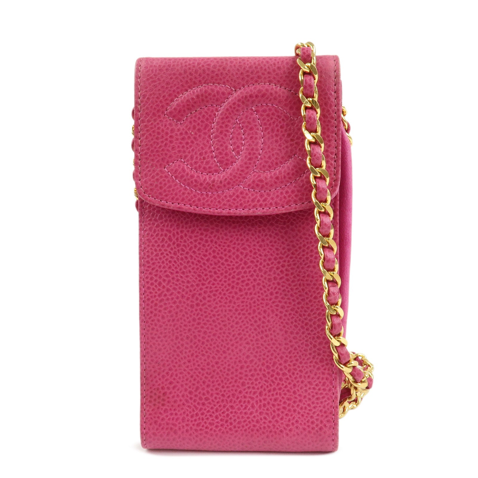 CHANEL COCO Mark Caviarskin Leather Chain Cell Phone Case Pink
