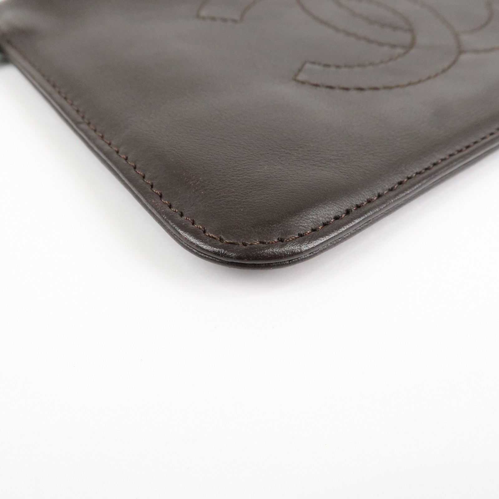 CHANEL Lamb Skin COCO Mark Pouch Silver Hardware Brown A25183 Used