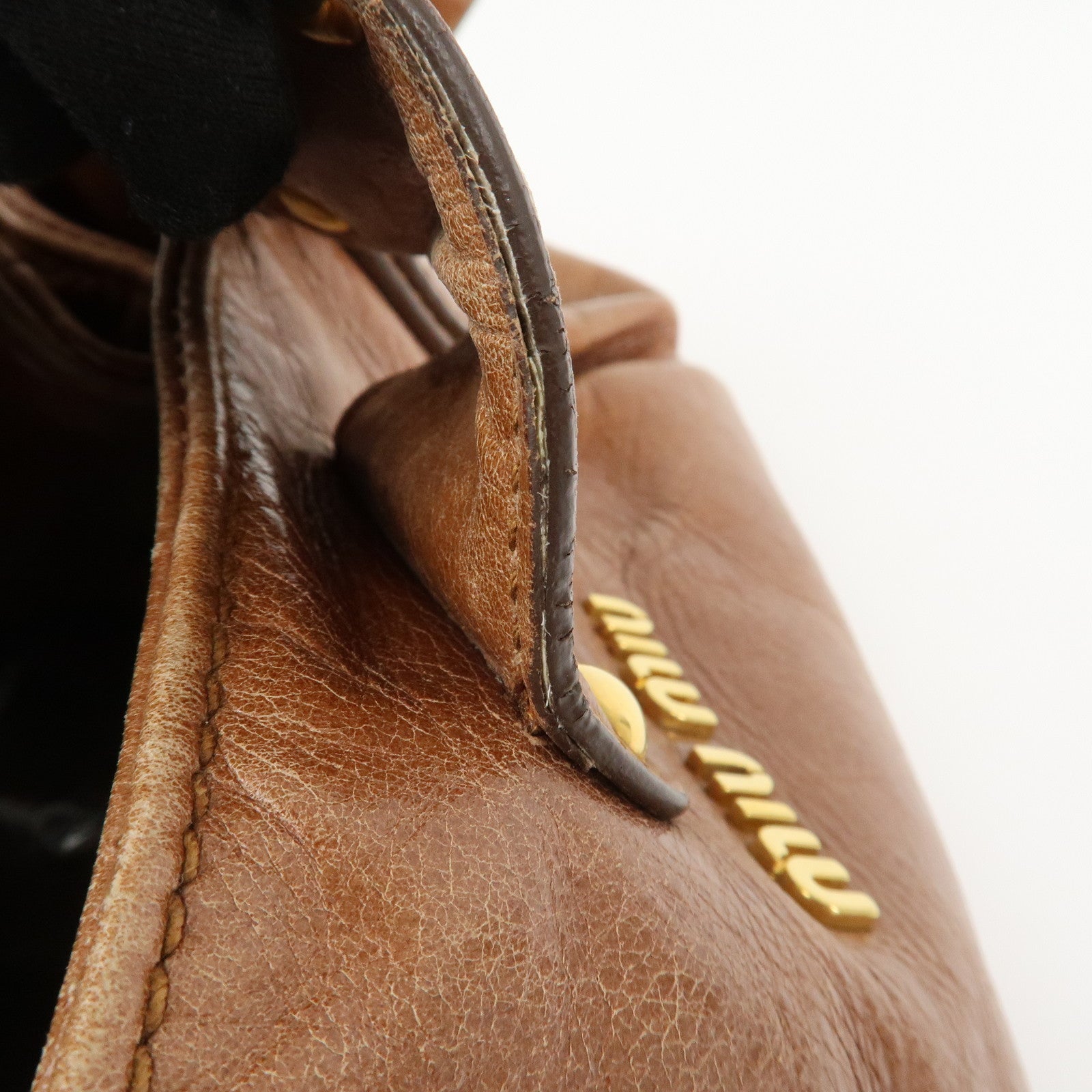 MIU MIU Side Ribbon Leather 2Way Shoulder Hand Bag Brown RN0686