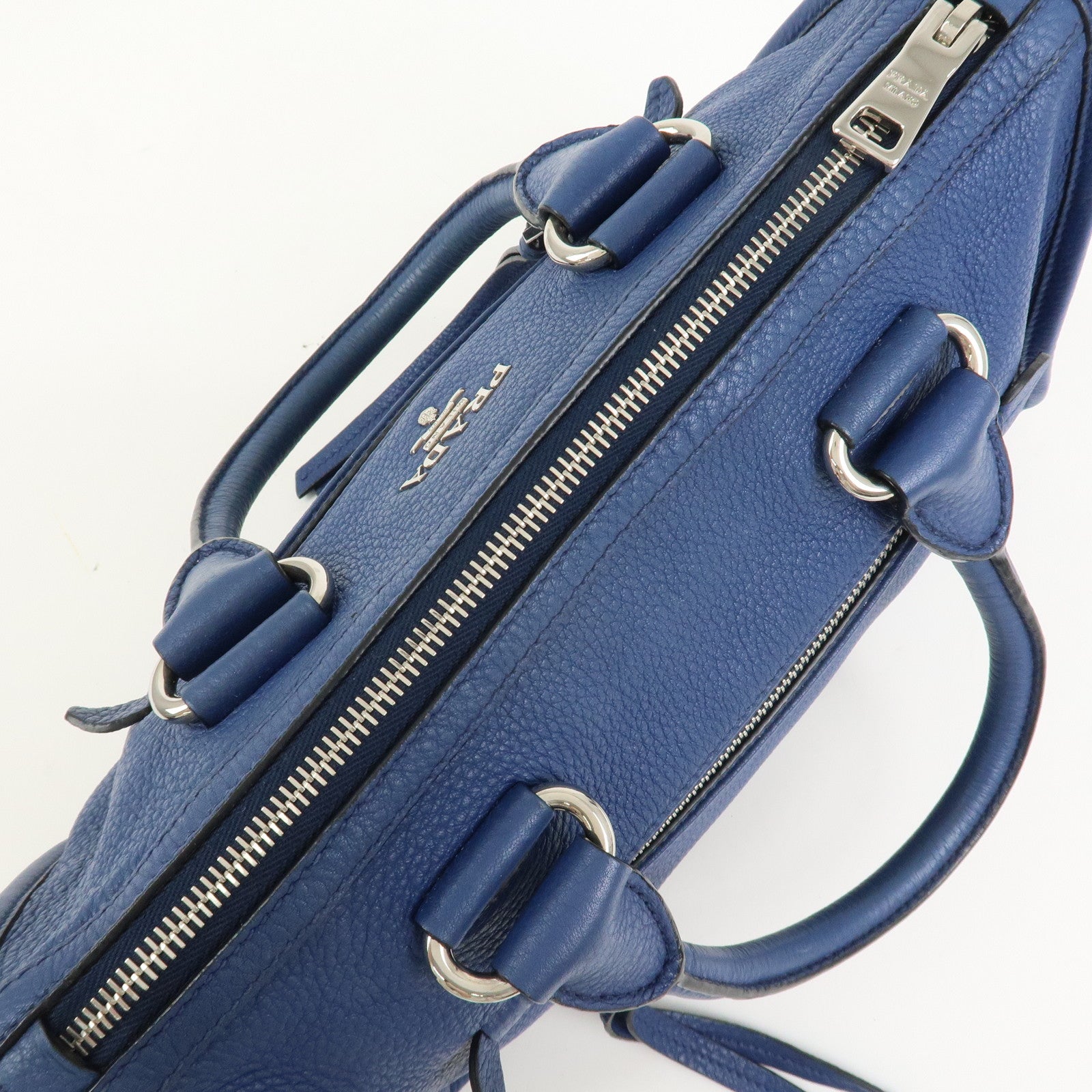 PRADA Leather 2Way Bag Hand Bag Shoulder Bag Blue Silver