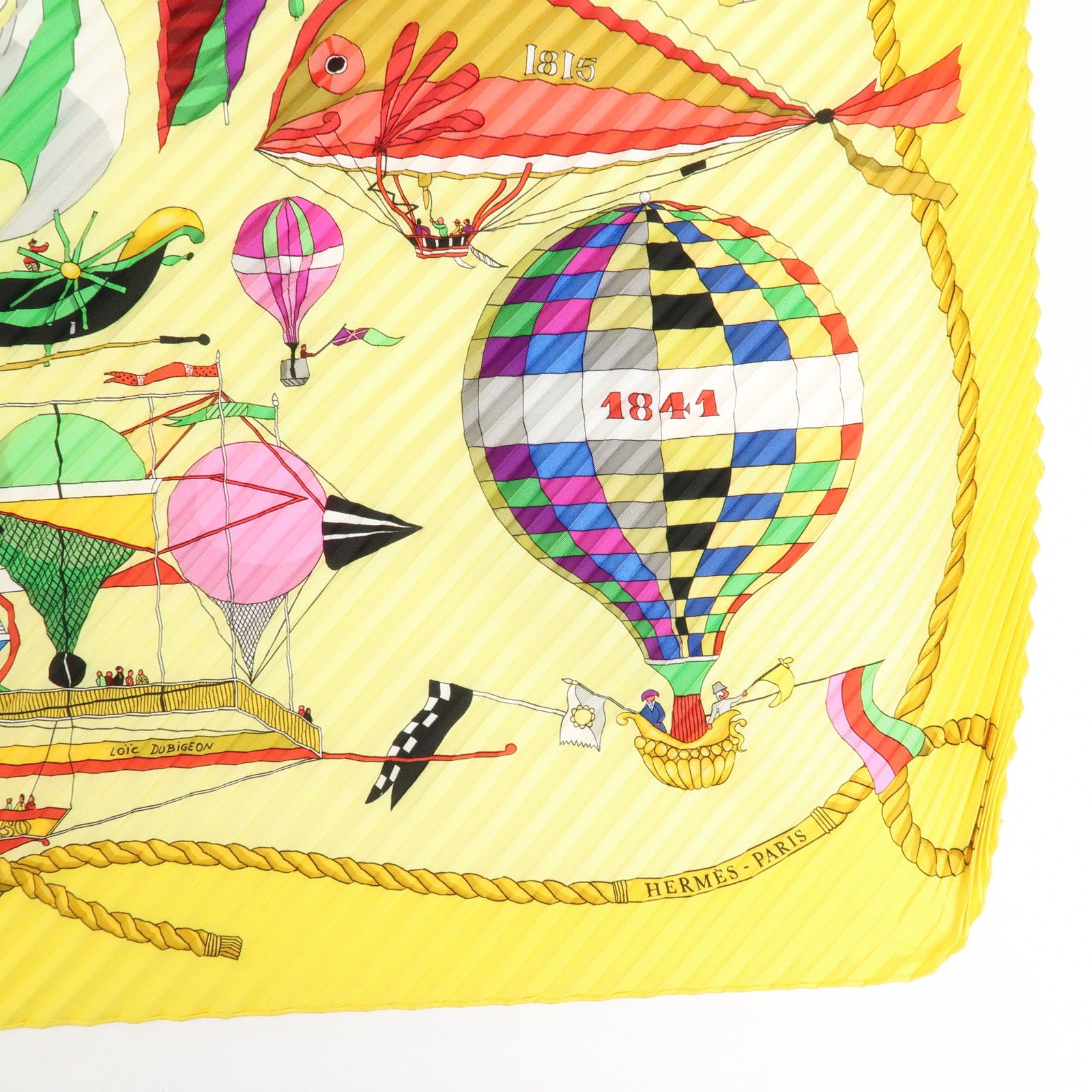 HERMES pleats Carre 90 Silk 100% Scarf Yellow Green Purple Red Used