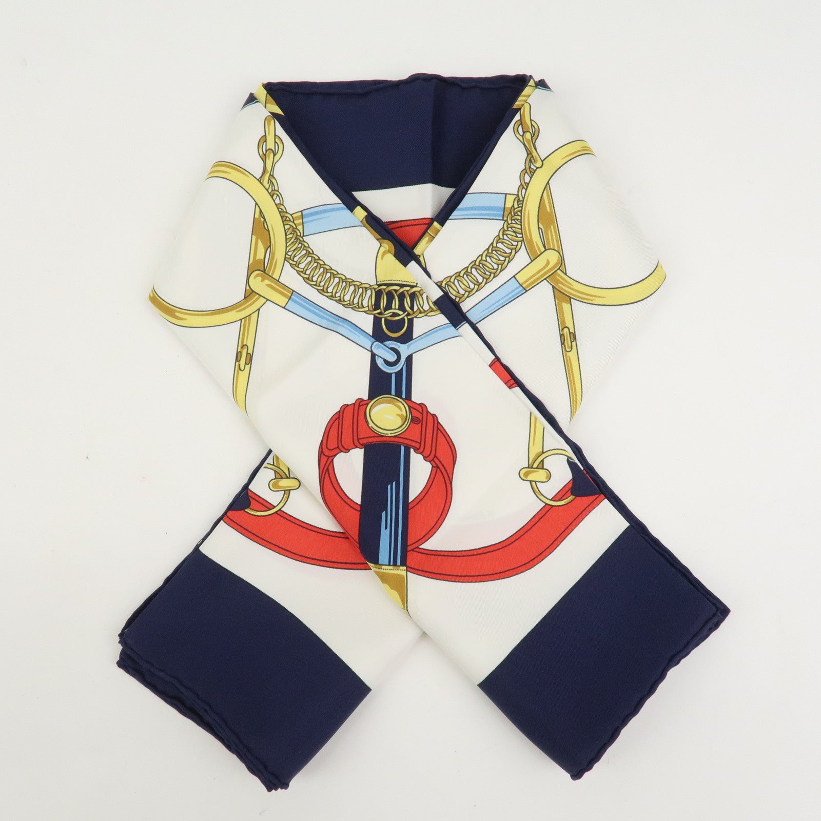 HERMES Carre 90 Silk 100% Scarf Eperon d'or Navy White