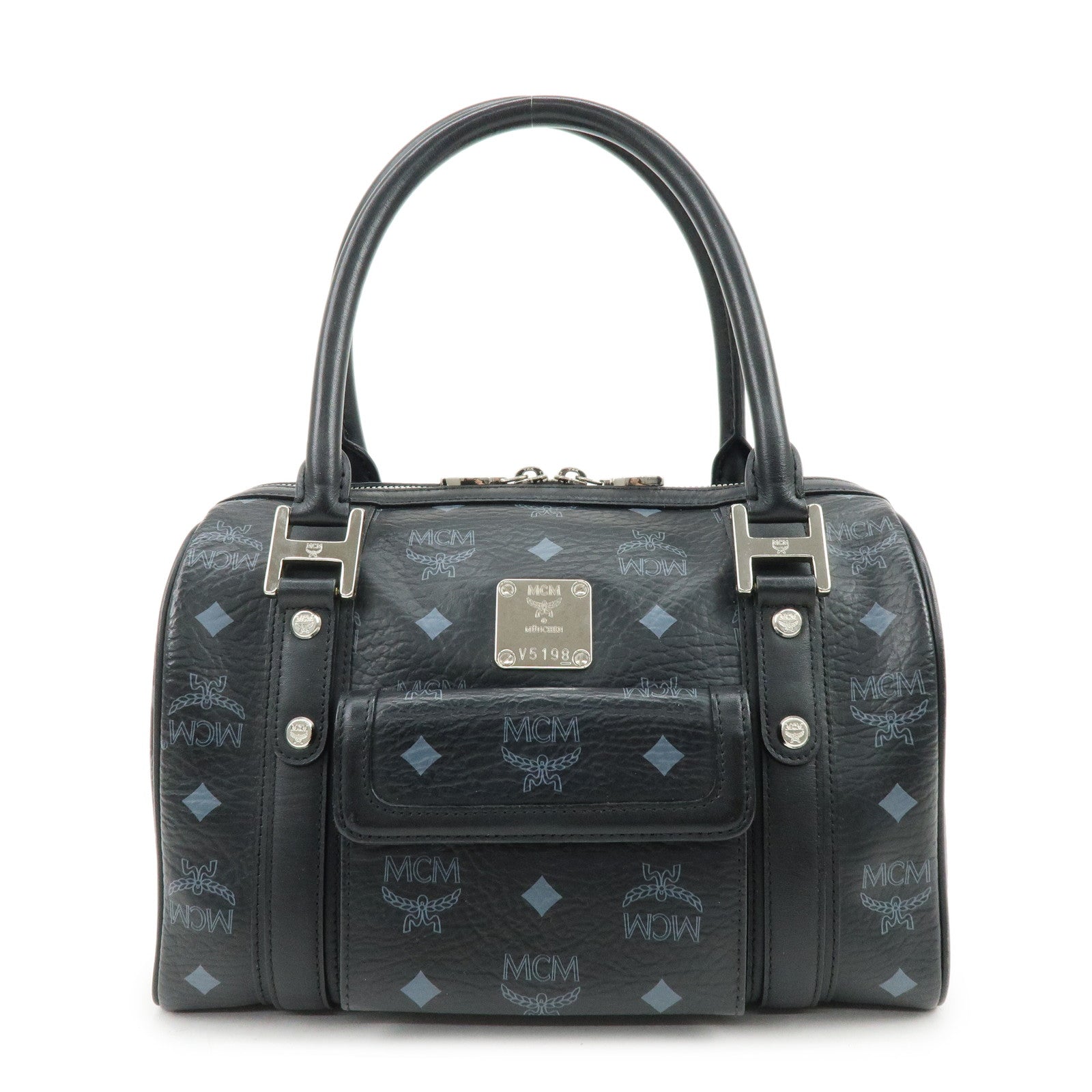 MCM Visetos PVC Leather Boston Bag Hand Bag Black