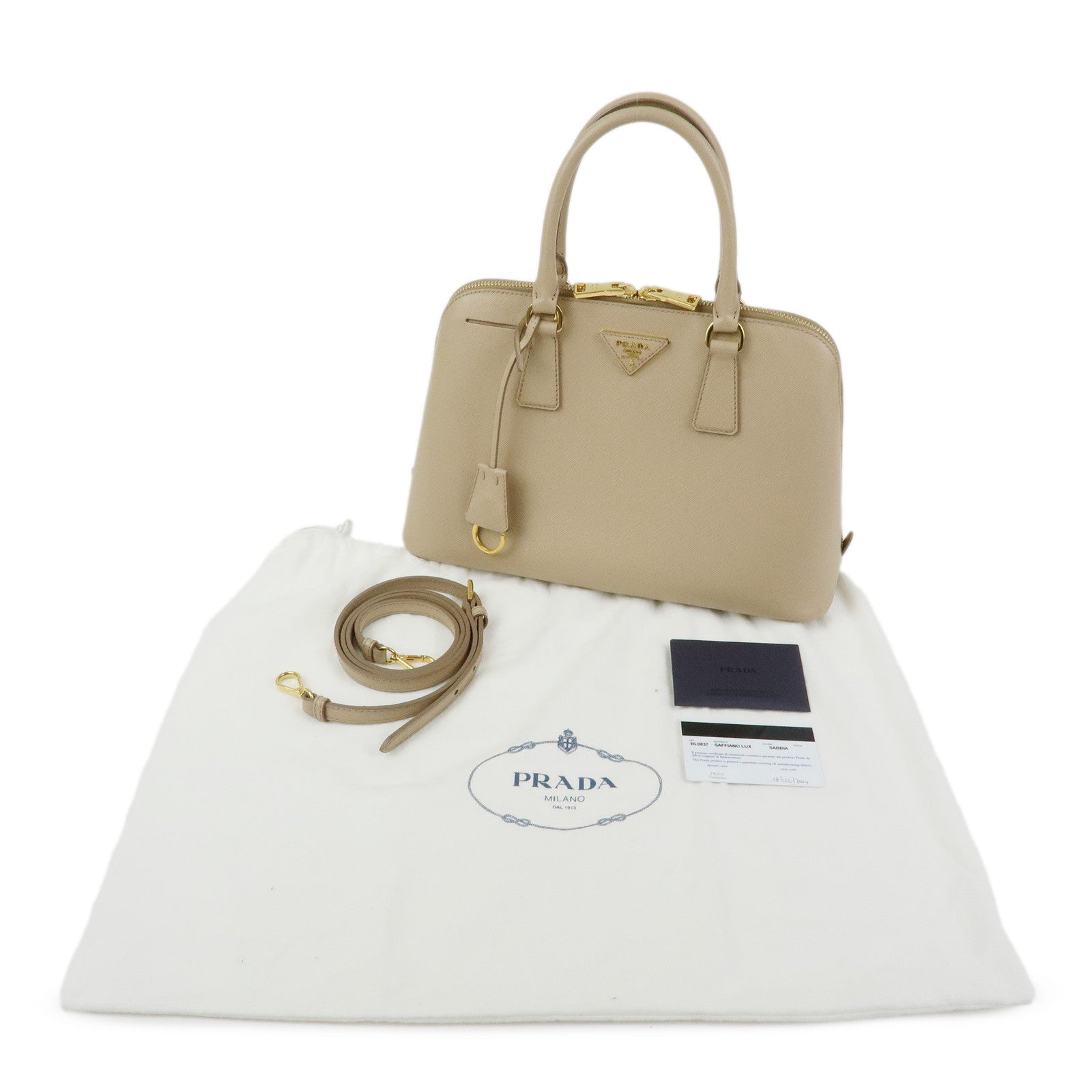 PRADA Triangle Logo Saffiano Leather 2Way Shoulder Bag Beige BL0837