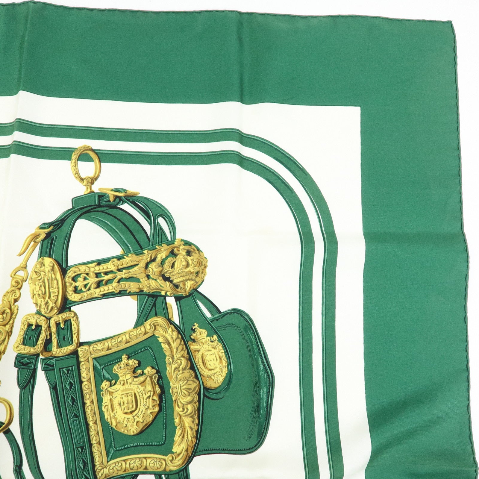 HERMES Carre 90 Silk 100% Scarf BRIDES DE GALA Bridle Green White