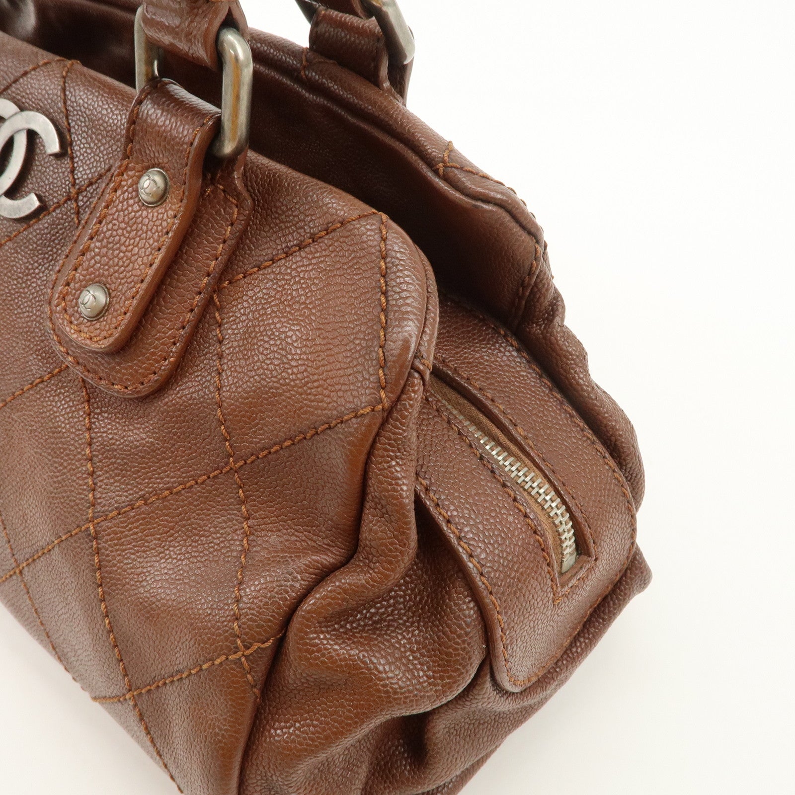 CHANEL COCO Mark Wild Stitch Caviarskin Boston Bag Brown