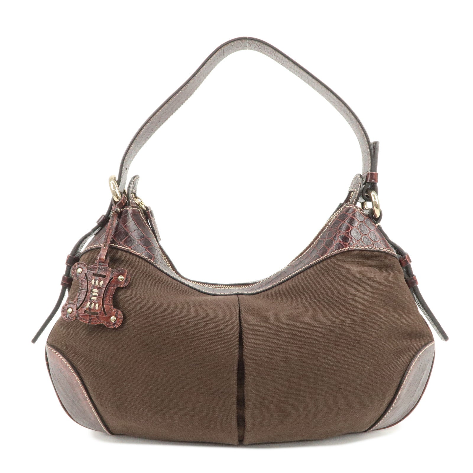 CELINE Canvas Leather Shoulder Bag Hand Bag Brown