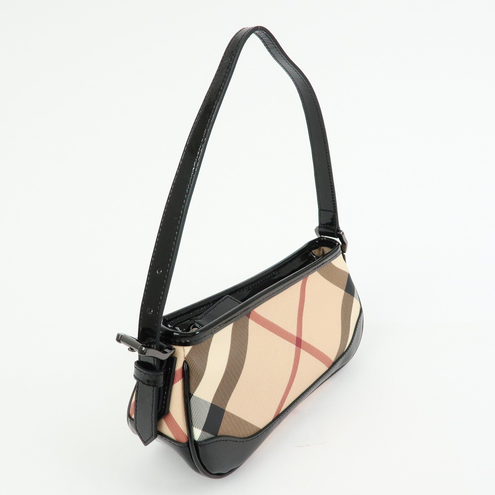 BURBERRY PVC Canvas Patent Leather Shoulder Hand Bag Black Beige