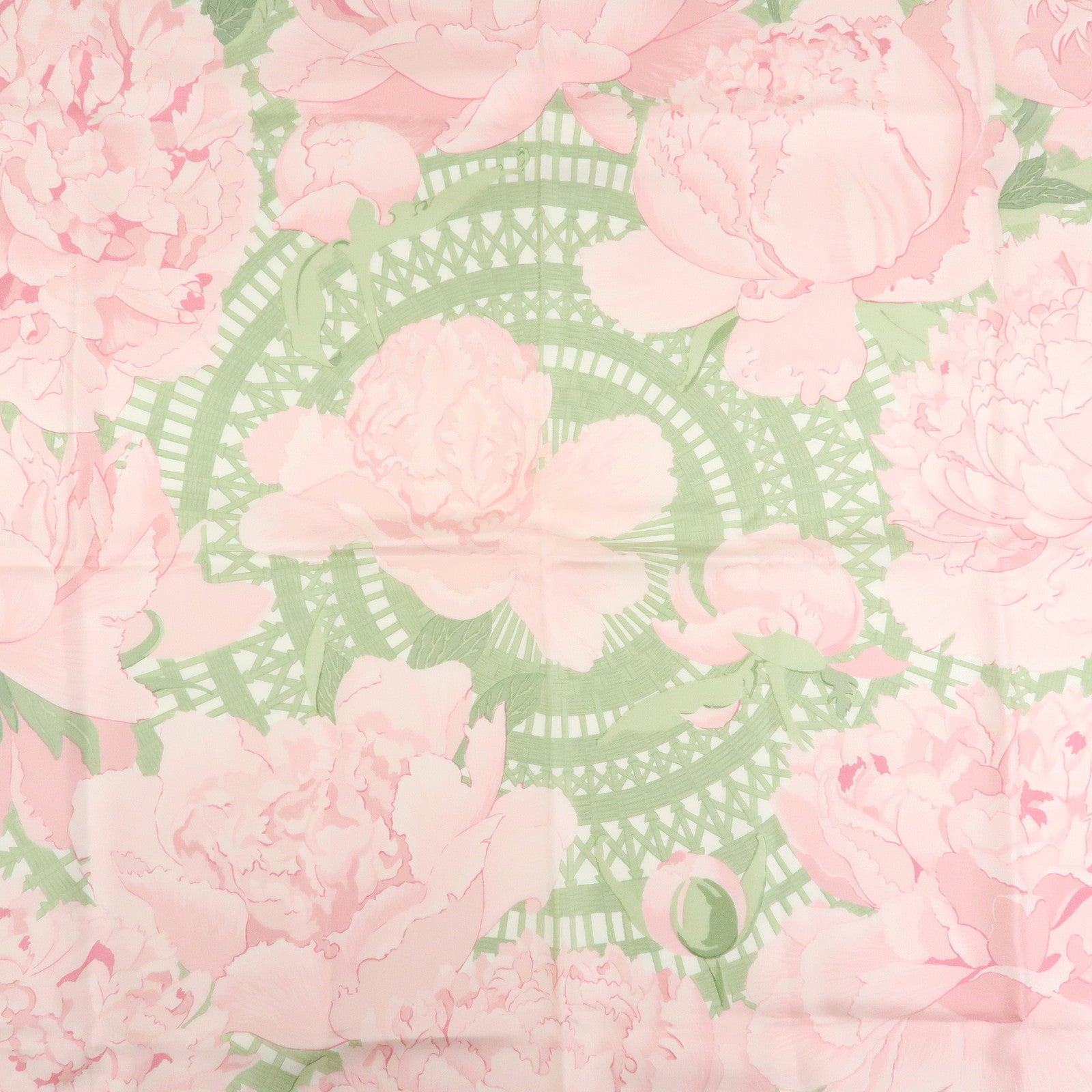 HERMES Carre 90 Silk 100% Scarf Les Pivoines Pink Light Green