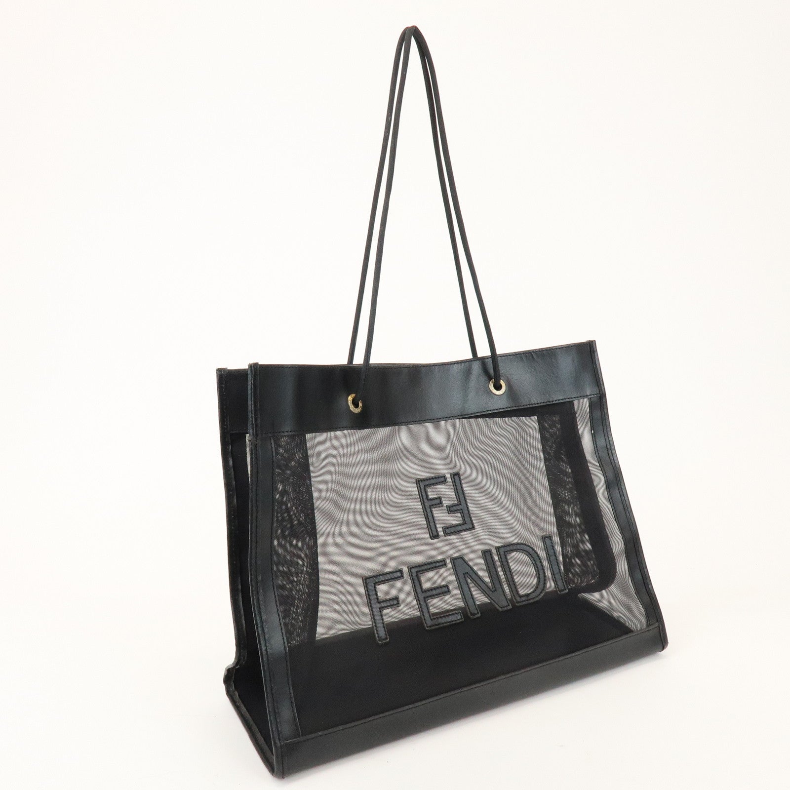 FENDI Mesh Leather Tote Bag Shoulder Bag Black 259646