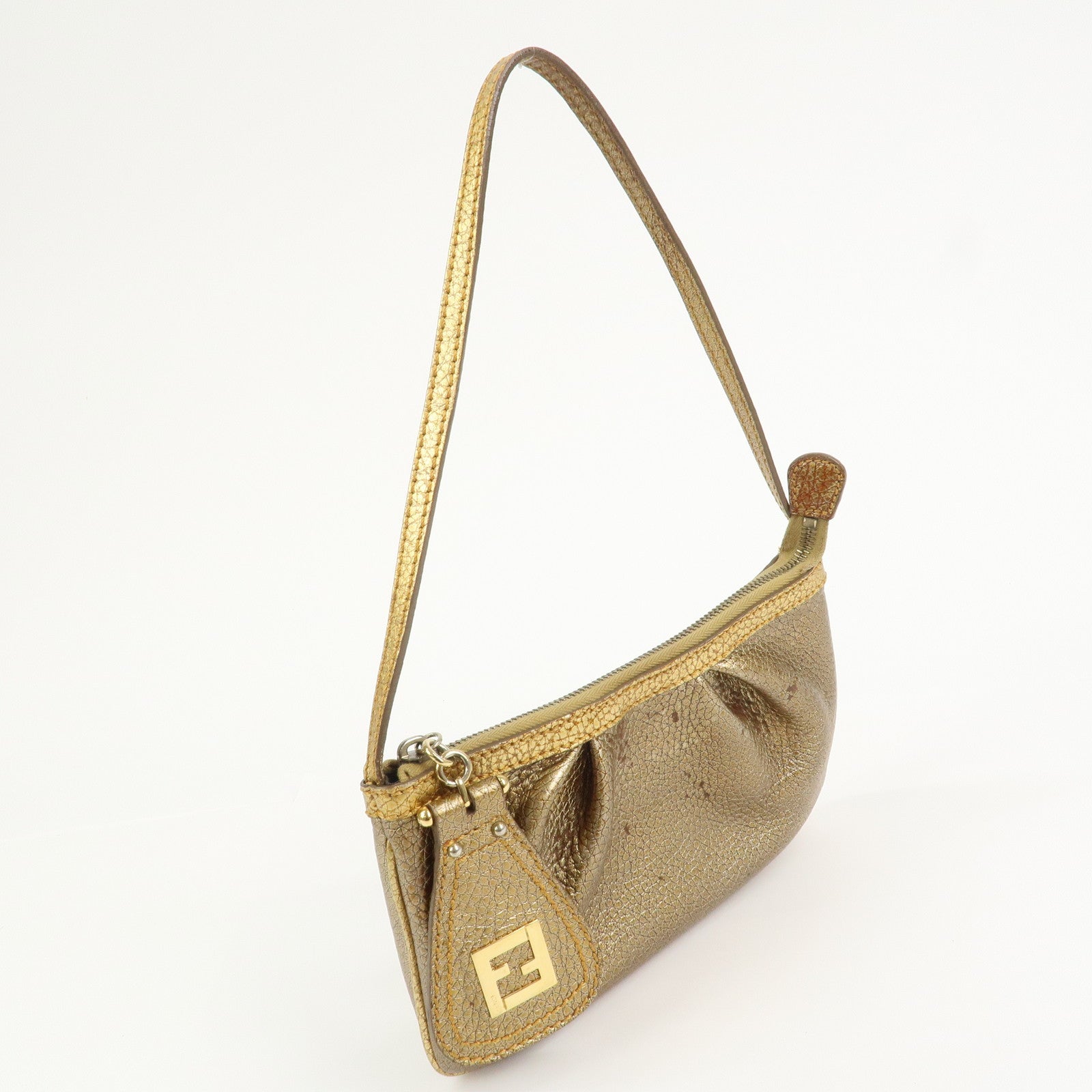 FENDI Leather Accessory Pouch Hand Bag Shoulder Bag Gold 8BR566