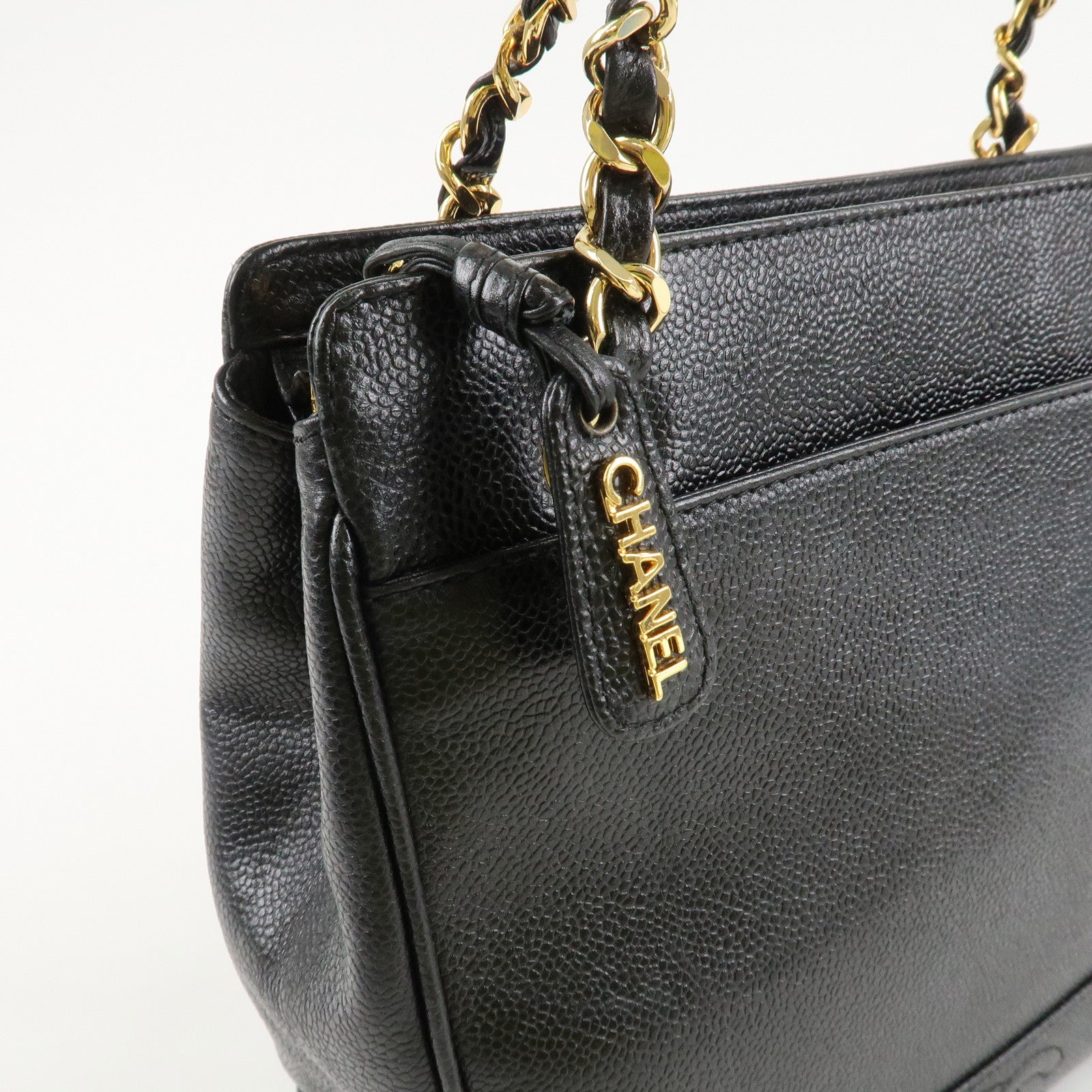 CHANEL Triple COCO Caviar Skin Chain Shoulder Bag Black Gold Hardware Used