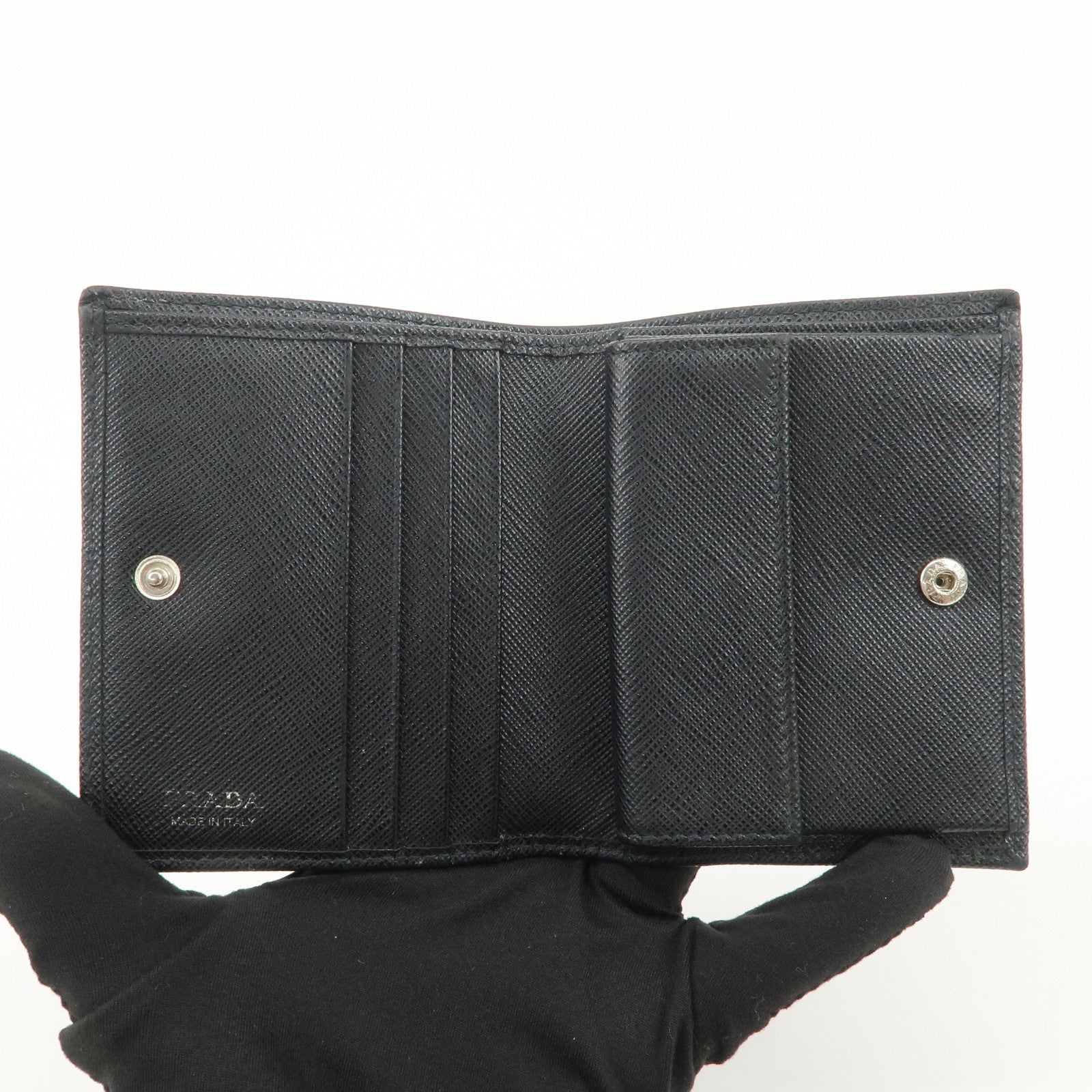 PRADA Triangle Logo Saffiano Leather Bi-Fold Compact Wallet Black